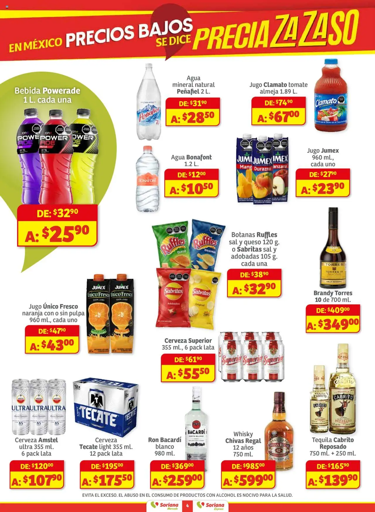 Nuevas ofertas de Soriana válidas en toda la República Mexicana desde el 01.08.2025. ¡Encuentra las mejores ofertas en Soriana - Preciazazaso Mercado: Camp, Chia, Oax, Q. Roo, Tab, Yuc! | Página: 4 | Productos: Sal, Tomate, Agua, Whisky