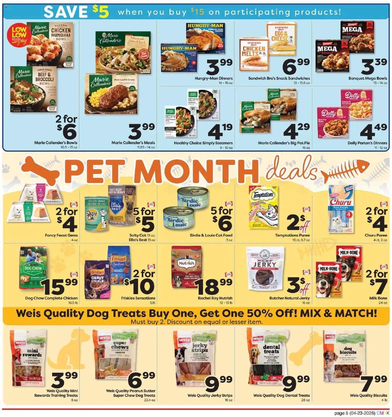 Weis Monthly Ad - valid from 23.04.2026 | Page: 5 | Products: Cat Food, Milk, Cheese, Pea