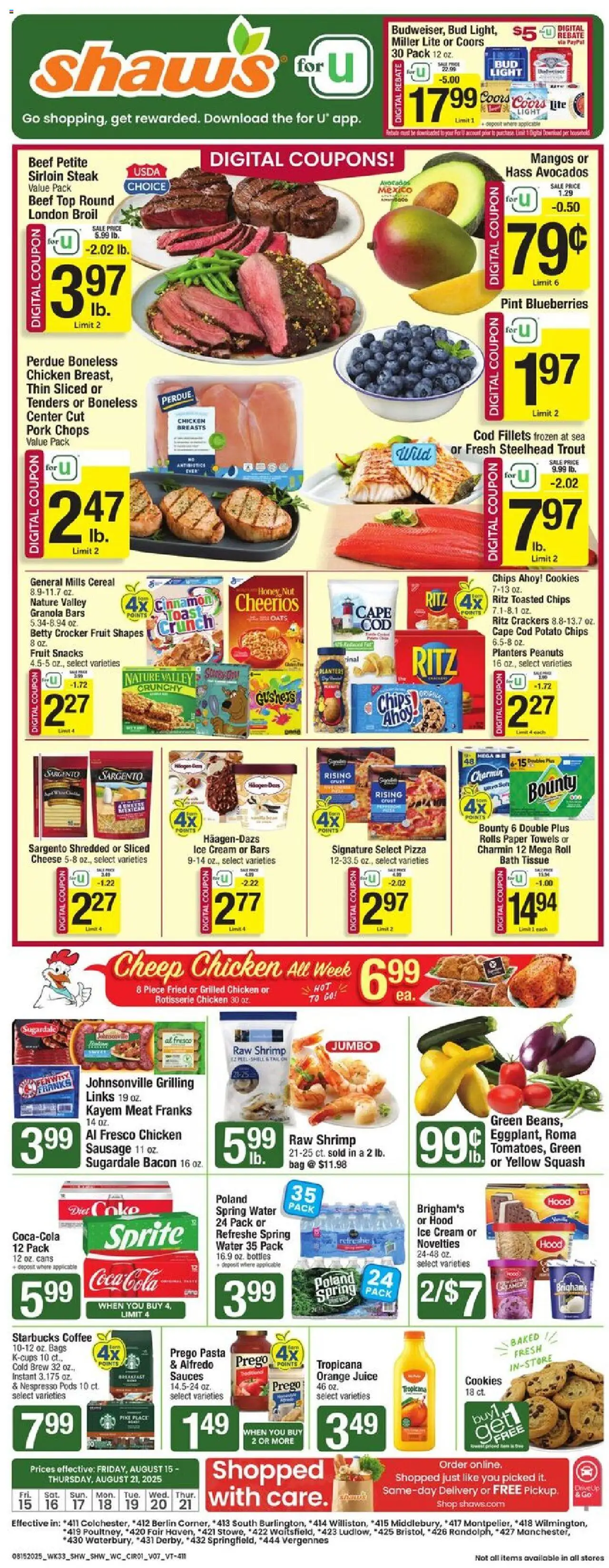 Shaw's Weekly Ad - VT - valid from 15.08.2025 | Page: 1 | Products: Juice, Cream, Water, Sausage