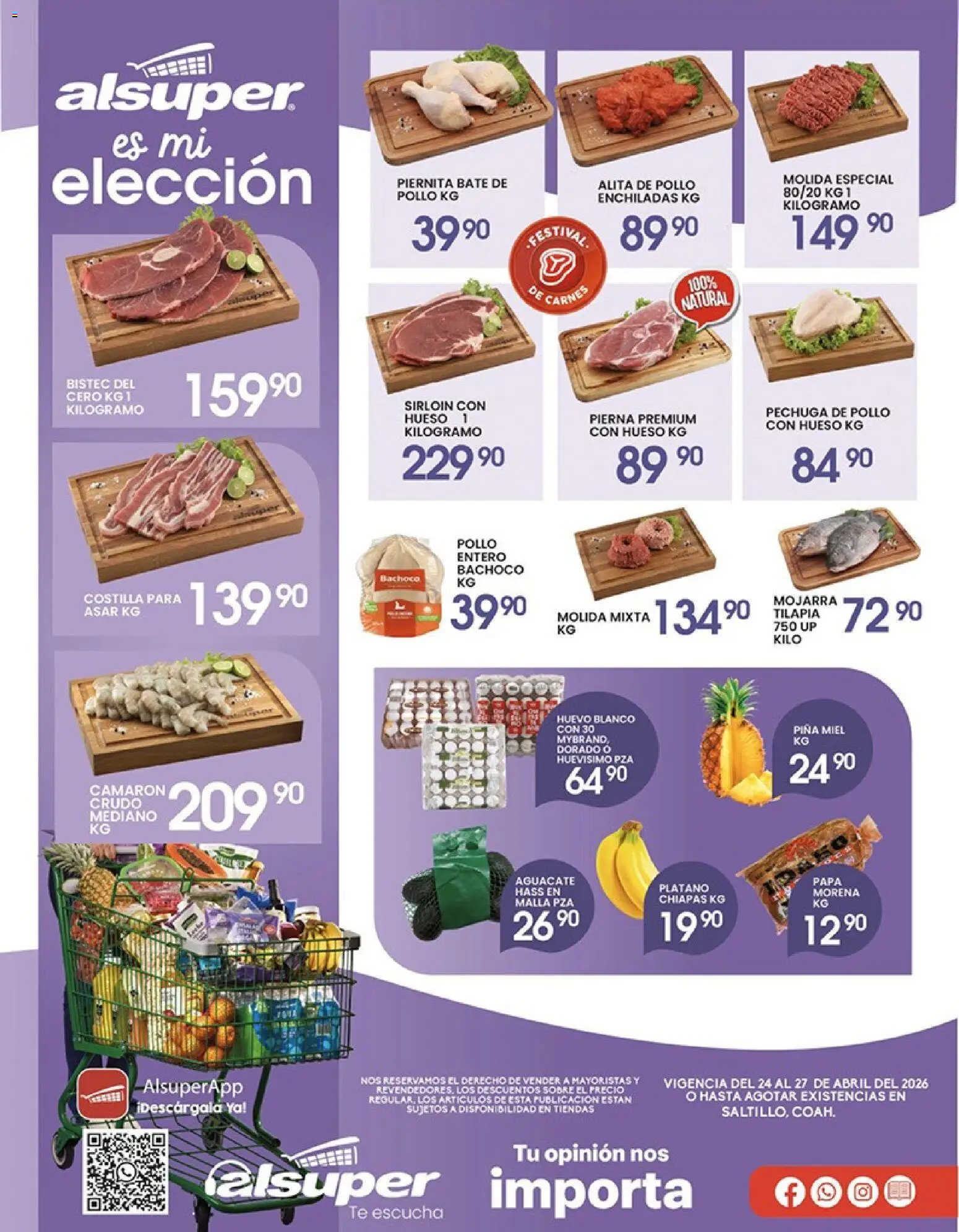 Nuevas ofertas de Alsuper válidas en toda la República Mexicana desde el 24.04.2026. ¡Encuentra las mejores ofertas en Alsuper folleto Saltillo! | Página: 1 | Productos: Pollo, Huevo, Piña, Sobre