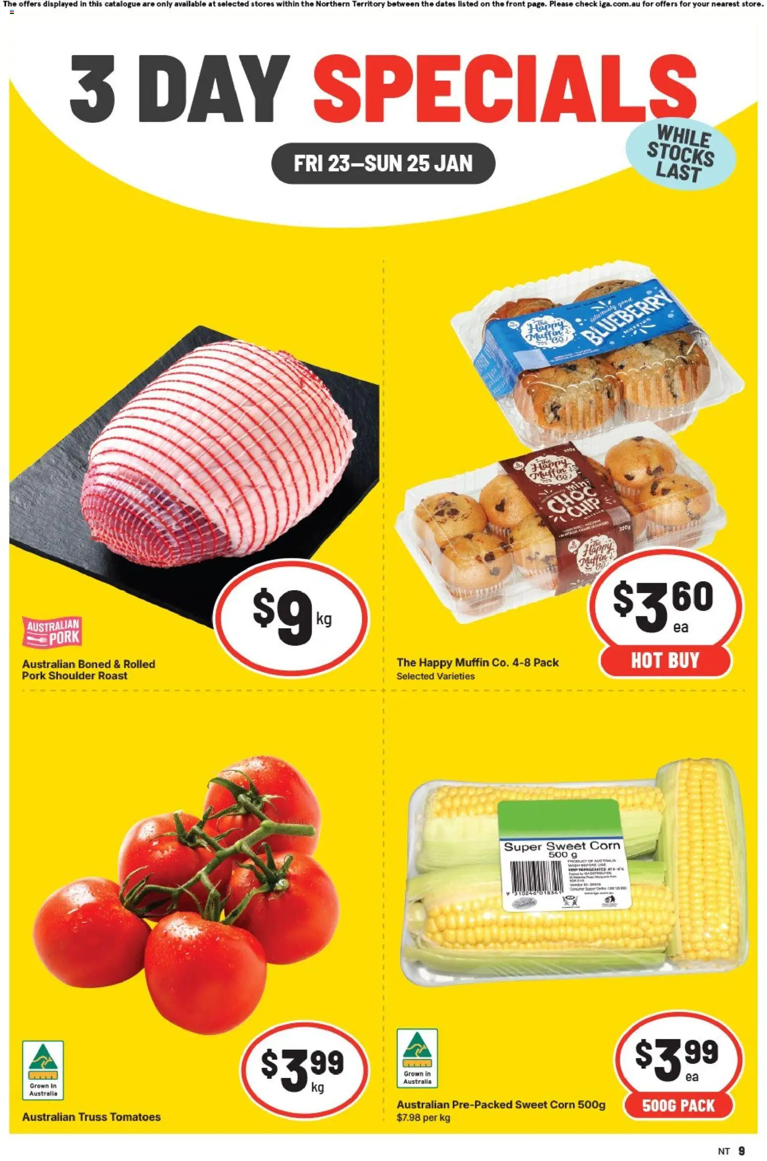 IGA catalogue - valid from 23.01.2026 | Page: 1 | Products: Pork, Tomatoes, Muffins
