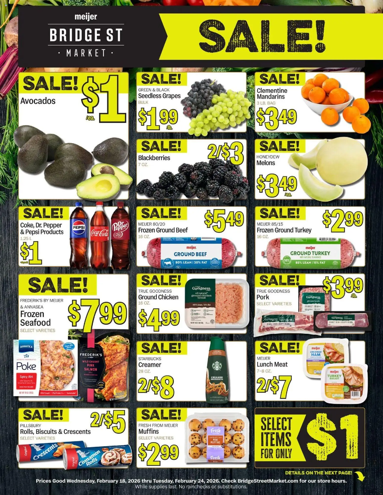 Meijer Meijer Bridge Street Market - valid from 18.02.2026 | Page: 1 | Products: Mandarins, Beef, Pepper, Bag