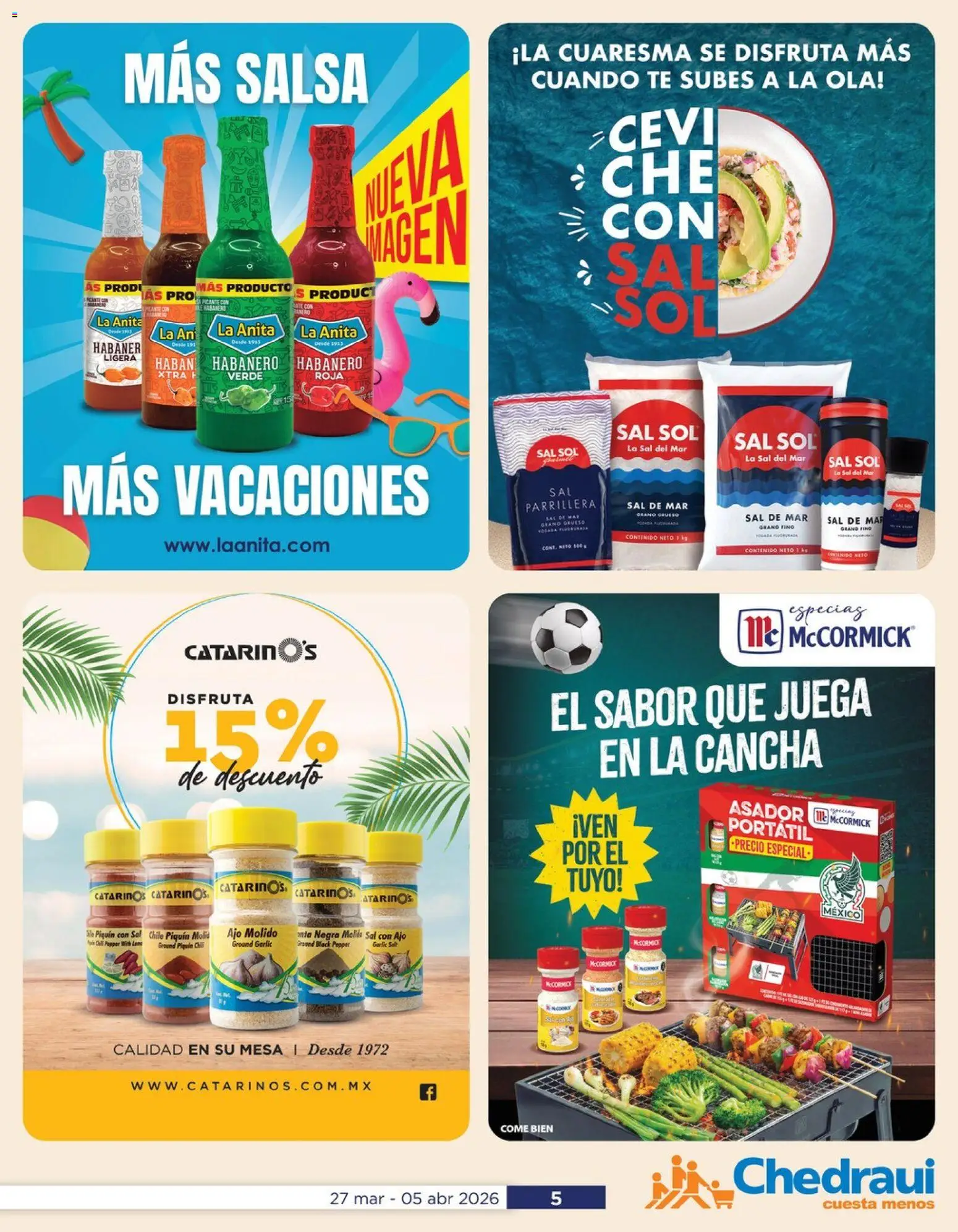 Nuevas ofertas de Chedraui válidas en toda la República Mexicana desde el 27.03.2026. ¡Encuentra las mejores ofertas en Chedraui folleto La cuaresma más fresca! | Página: 5 | Productos: Sal, Ajo, Mesa, Té