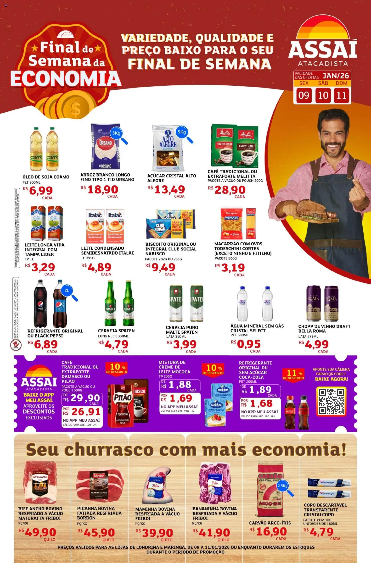 Assaí Atacadista Folheto - válido de 09.01.2026 | Página: 1 | Produtos: Picanha, Leite, Café, Câmera