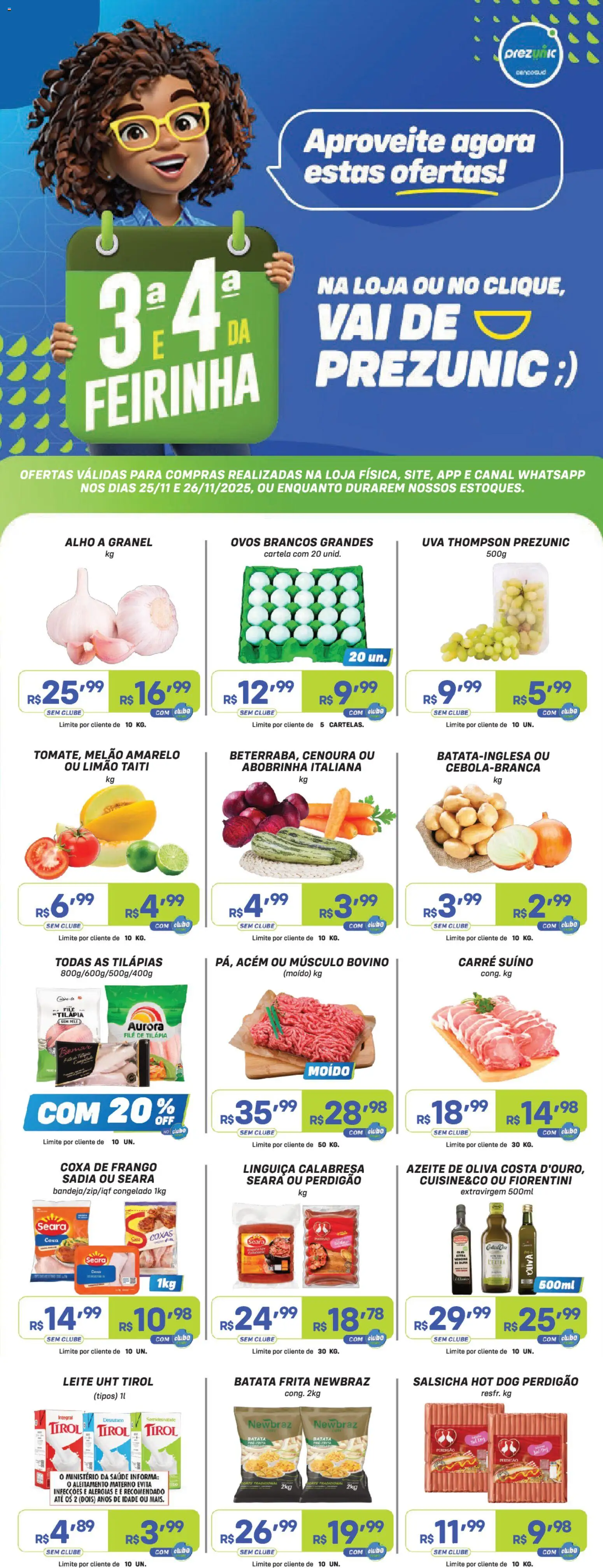 Prezunic Folheto - válido de 25.11.2025 | Página: 1 | Produtos: Salsicha, Leite, Cenoura, Filé de tilápia