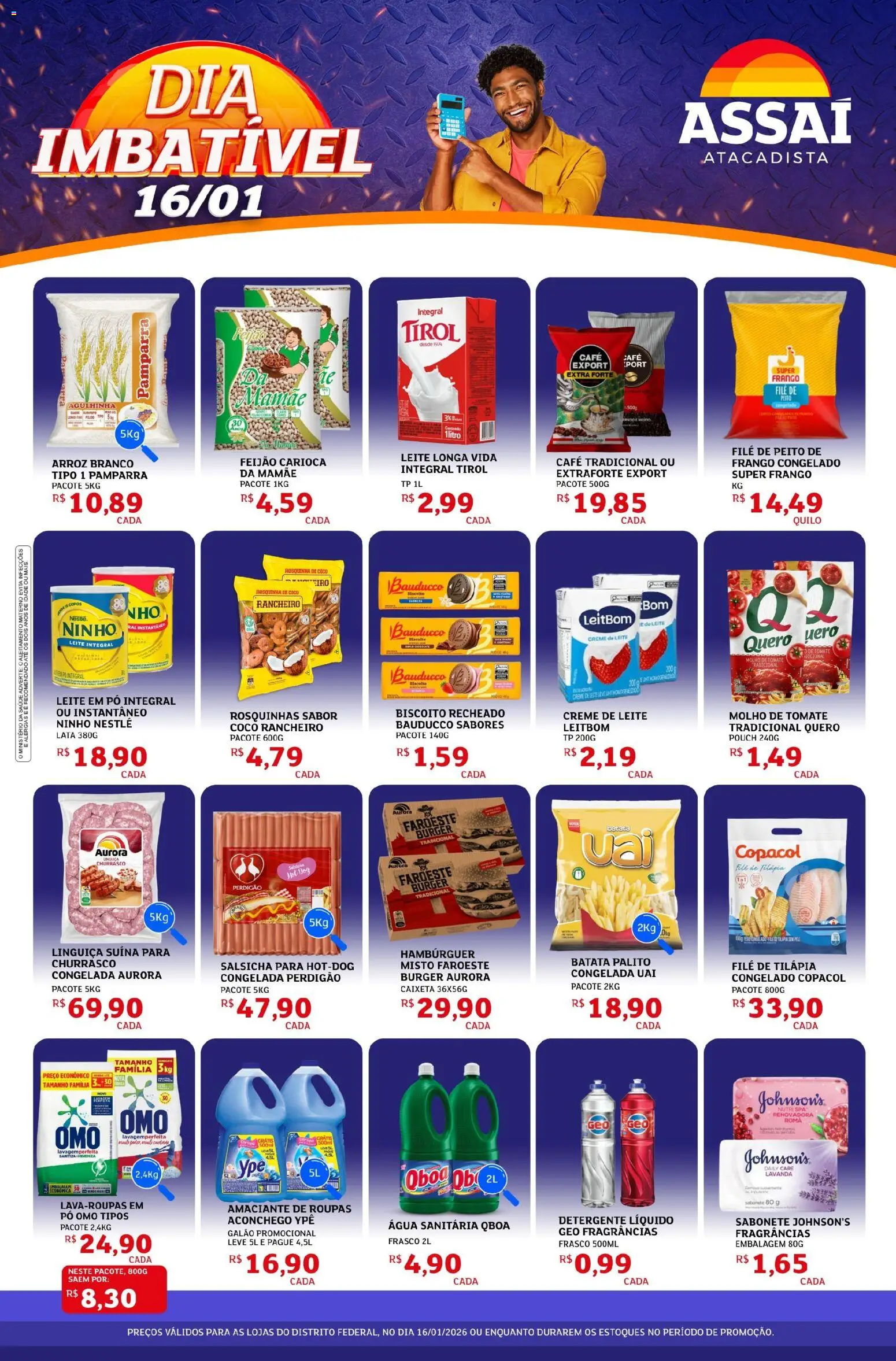 Assaí Atacadista Folheto - válido de 16.01.2026 | Página: 1 | Produtos: Salsicha, Linguiça, Arroz, Leite em pó