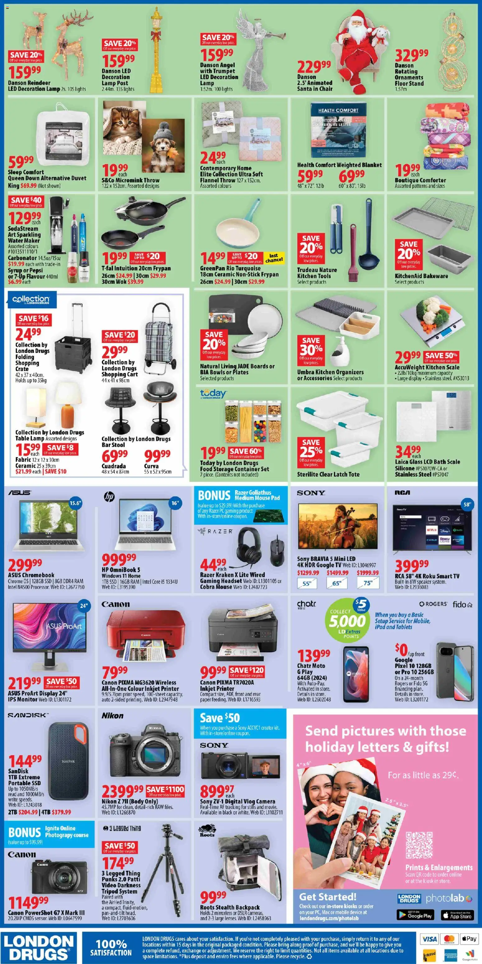 London Drugs flyer valid from 14.11.2025 | Page: 4 | Products: Camera, Speaker, Kitchen scale, Blanket