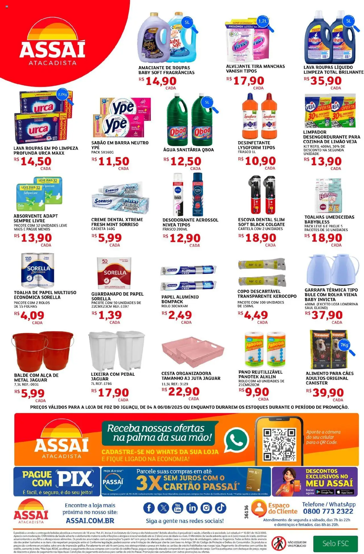 Assaí Atacadista Folheto - válido de 04.08.2025 | Página: 4 | Produtos: Tira manchas, Alvejante, Cesta, Balde