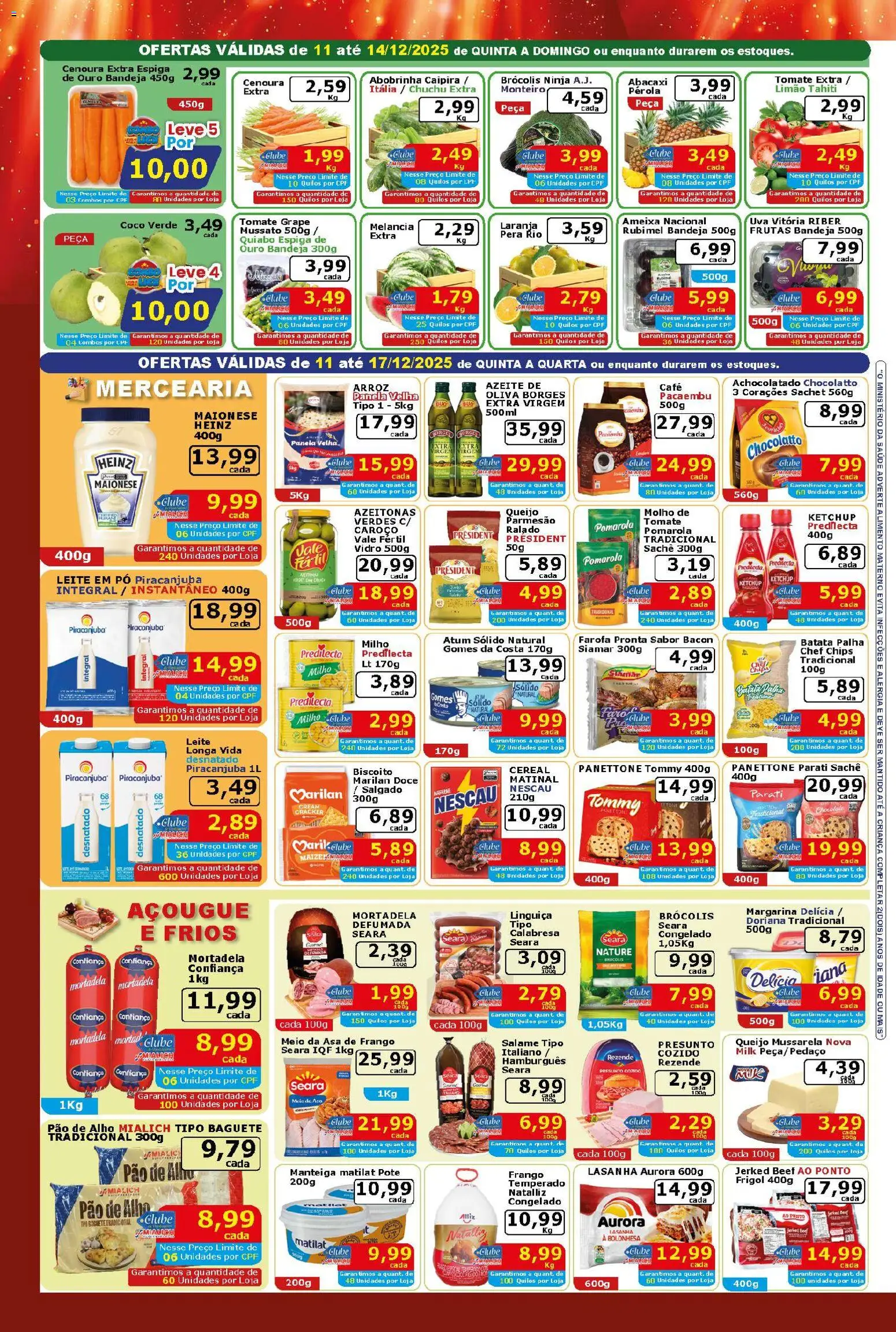 Mialich Supermercados Folheto - válido de 11.12.2025 | Página: 2 | Produtos: Melancia, Achocolatado, Doriana, Leite