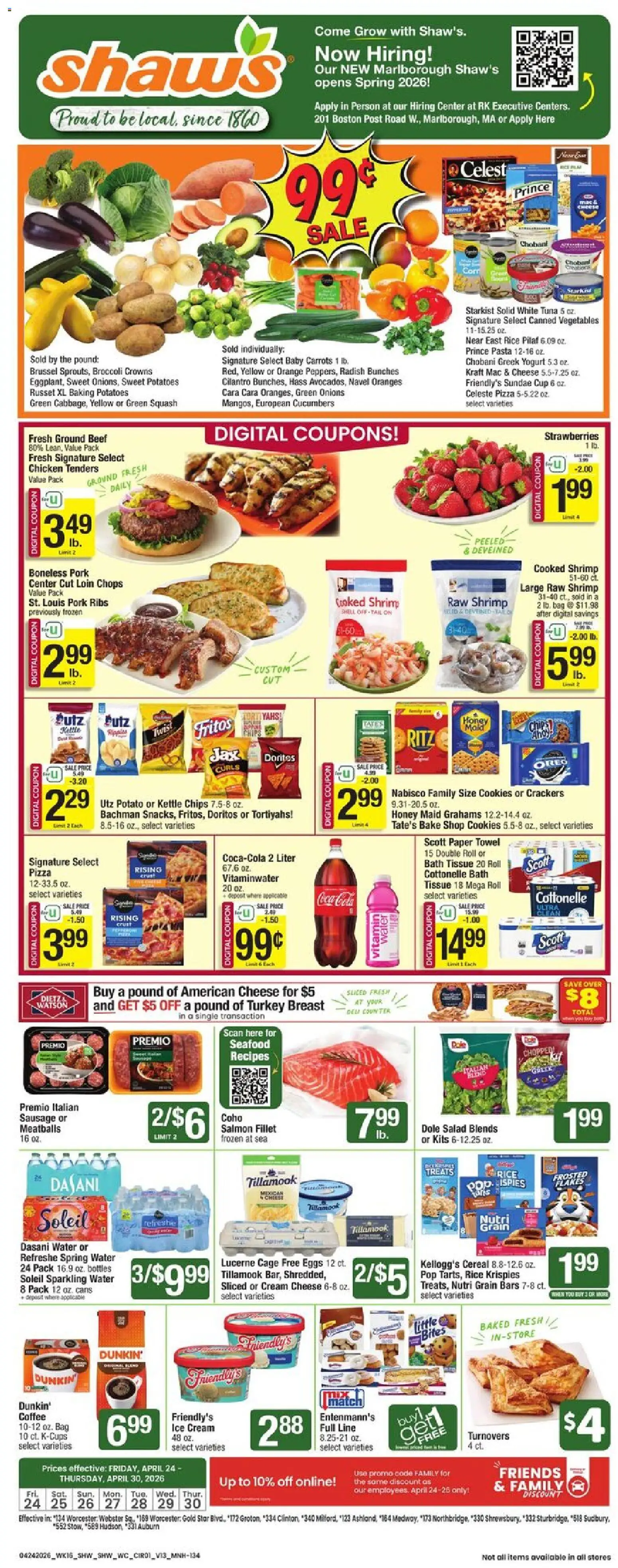 Shaw's Weekly Ad - valid from 24.04.2026 | Page: 1 | Products: Crowns, Coffee, Salad, Sausage