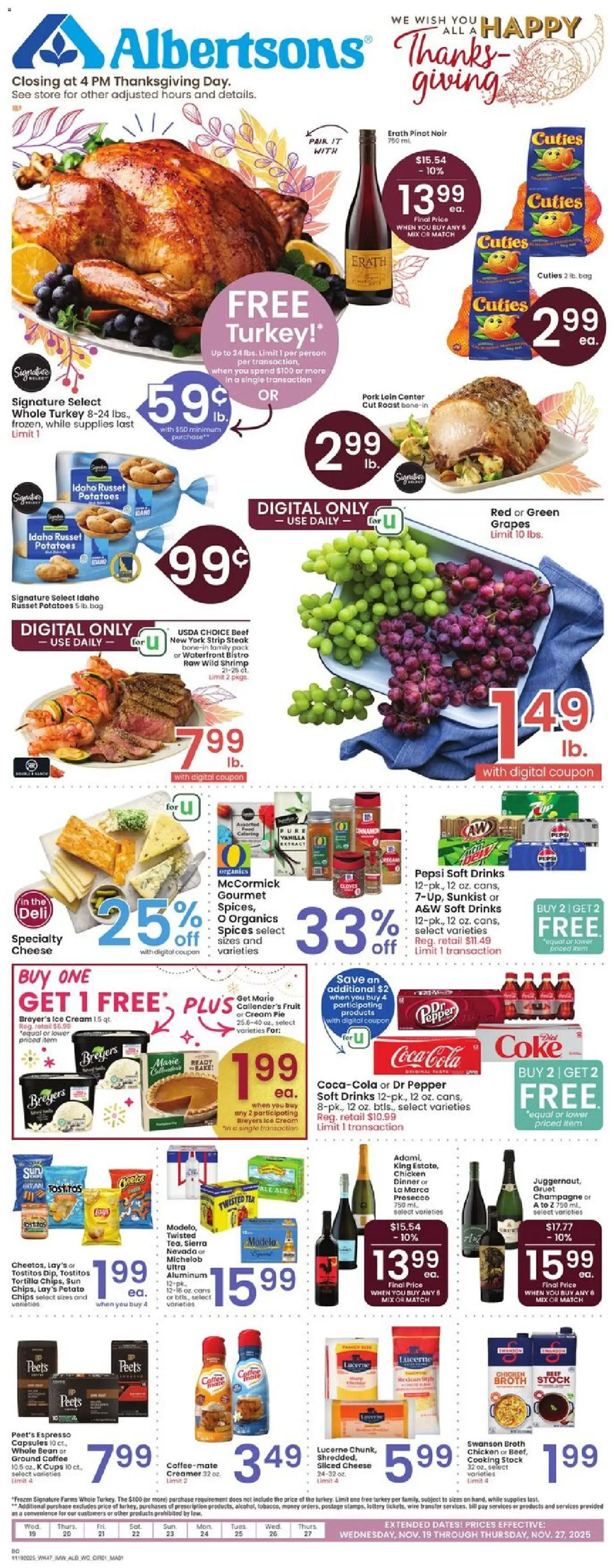 Albertsons Weekly Ad - valid from 19.11.2025 | Page: 1 | Products: Wire, Chips, Cream, Bag