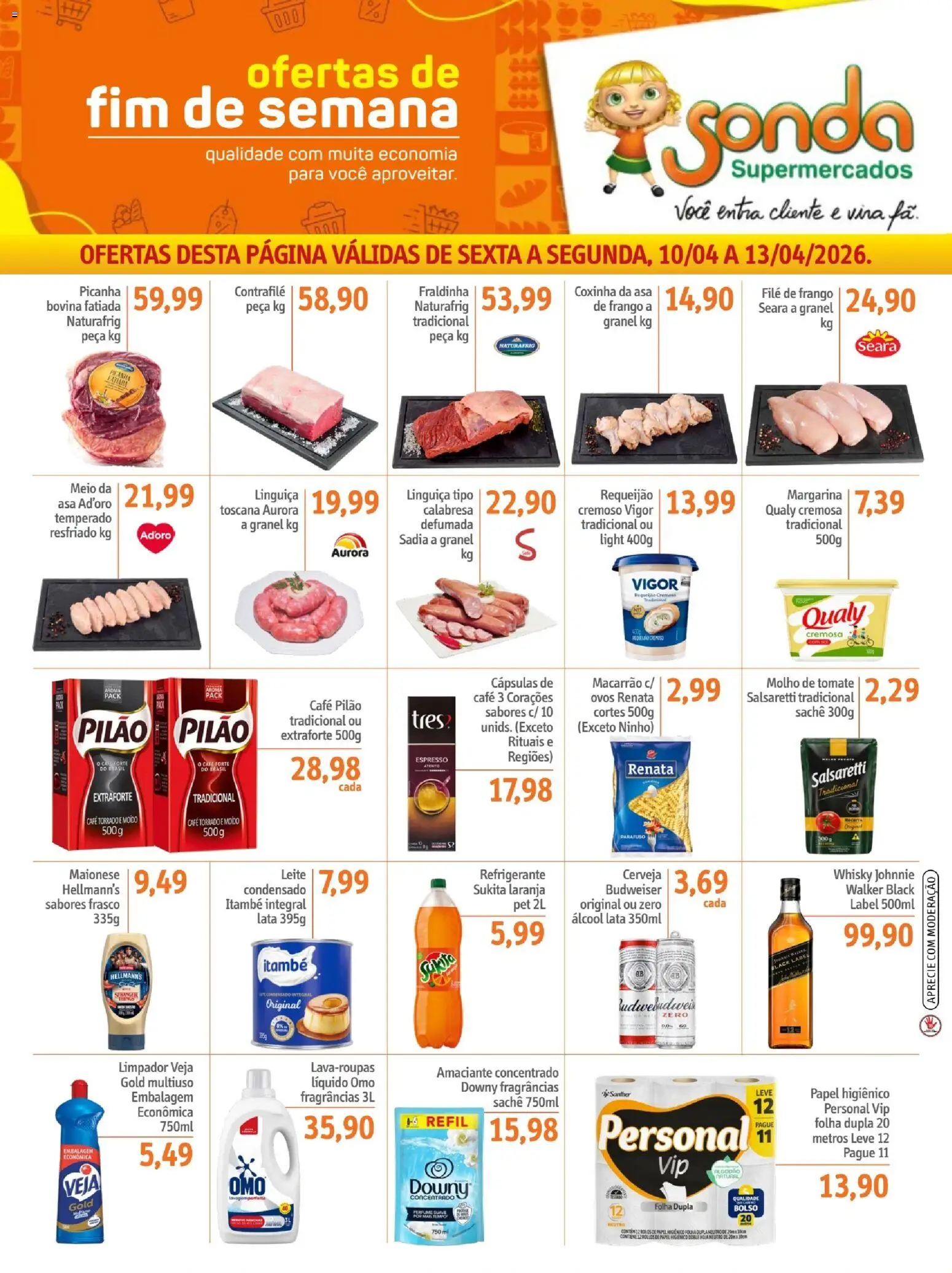 Sonda Folheto - válido de 10.04.2026 | Página: 1 | Produtos: Linguiça, Filé de frango, Cerveja, Macarrão