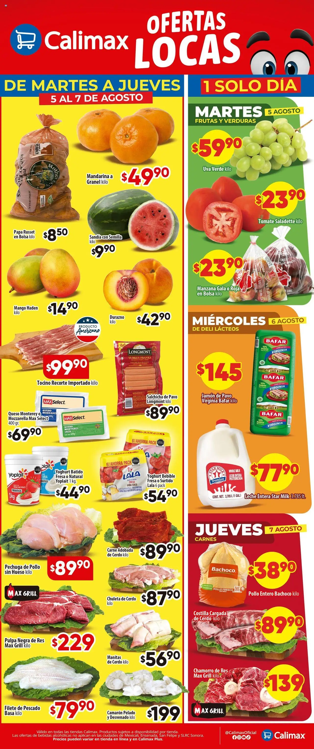 Nuevas ofertas de Calimax válidas en toda la República Mexicana desde el 05.08.2025. ¡Encuentra las mejores ofertas en Calimax - Folleto Martes a Jueves! | Página: 1 | Productos: Papa, Tocino, Tomate, Leche
