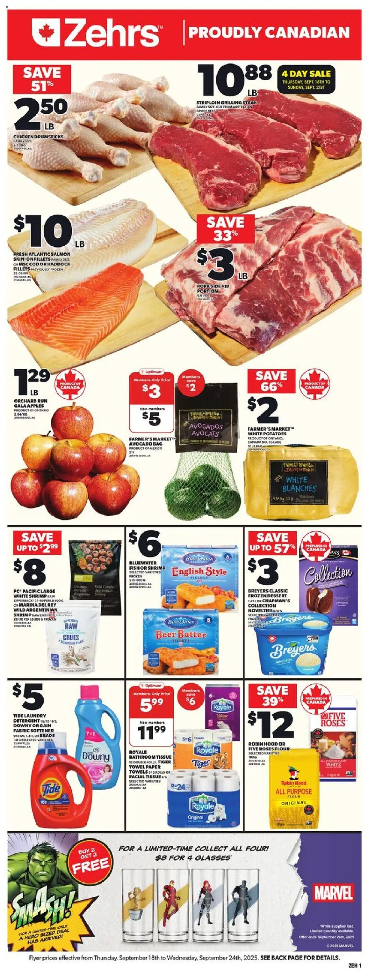 Zehrs flyer valid from 18.09.2025 | Page: 3 | Products: Fish, Glasses, Bag, Beer