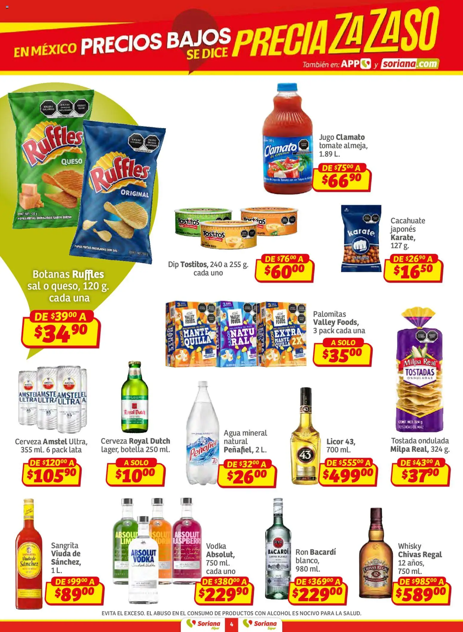 Nuevas ofertas de Soriana válidas en toda la República Mexicana desde el 02.01.2026. ¡Encuentra las mejores ofertas en Soriana - Preciazazaso Híper: Edo Mex, Gro, Hgo, Mor, Pue, Qto, Tlax, Ver! | Página: 4 | Productos: Cacahuate, Botella, Vodka, Whisky
