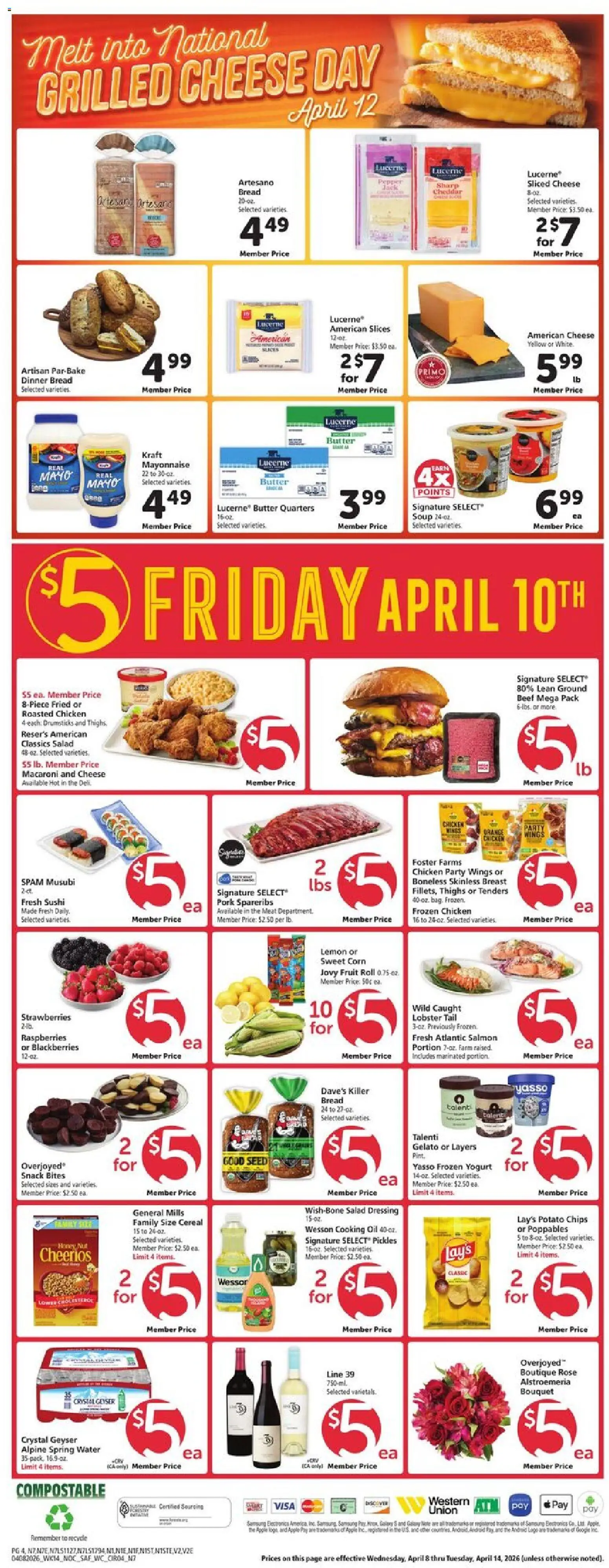 Safeway Weekly Ad - valid from 08.04.2026 | Page: 4 | Products: Yogurt, Bread, Salad, Water