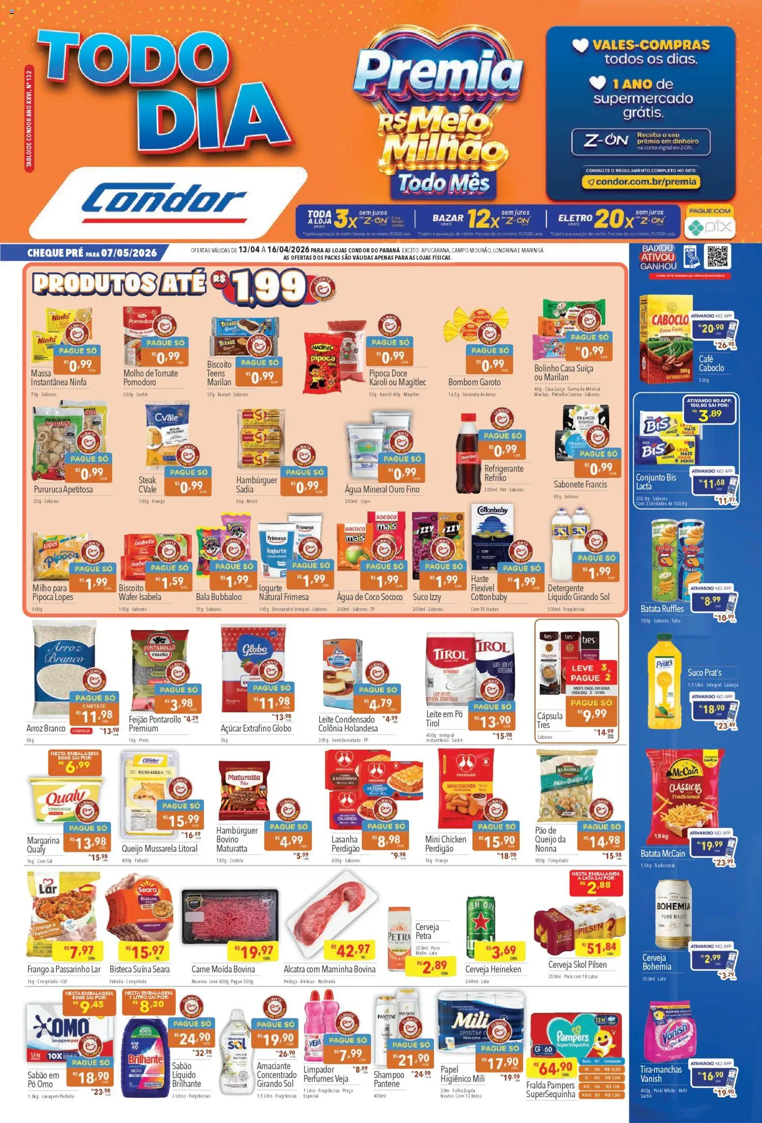 Supermercados Condor Folheto - válido de 13.04.2026 | Página: 1 | Produtos: Feijão, Pó, Molho de tomate, Mussarela litoral