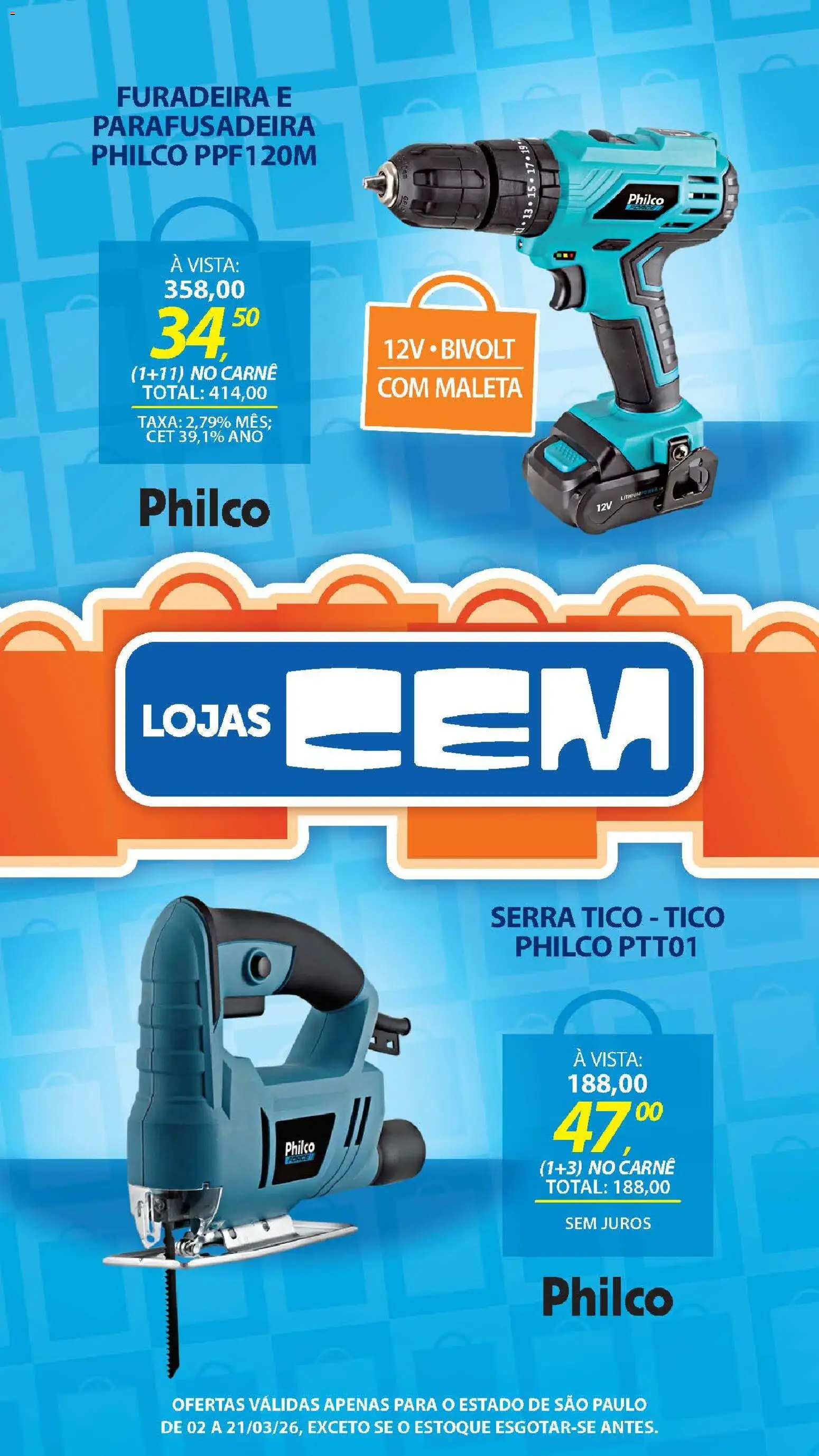 Lojas Cem Folheto - válido de 02.03.2026 | Página: 116 | Produtos: Furadeira, Carne, Parafusadeira