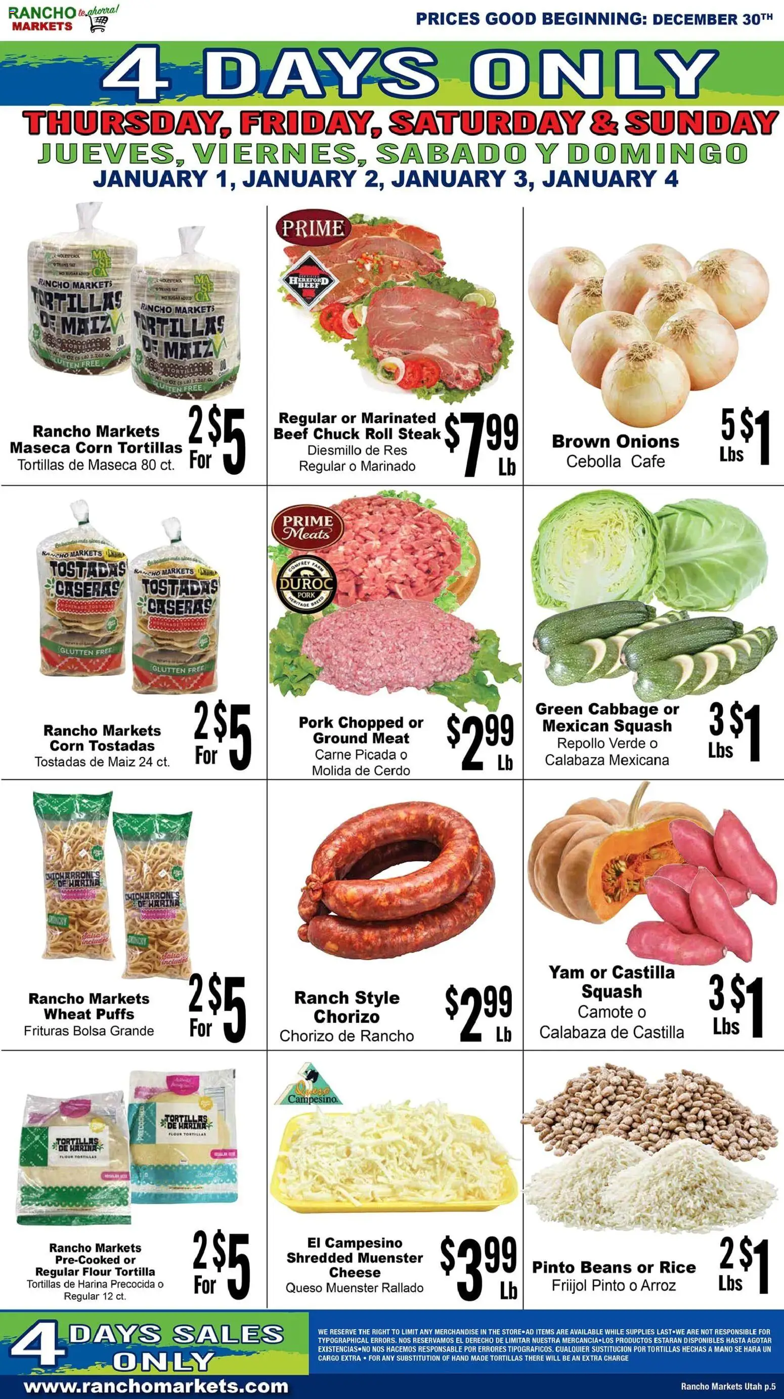 Rancho Markets Weekly Ad - valid from 30.12.2025 | Page: 5 | Products: Corn, Pork, Rice, Cabbage