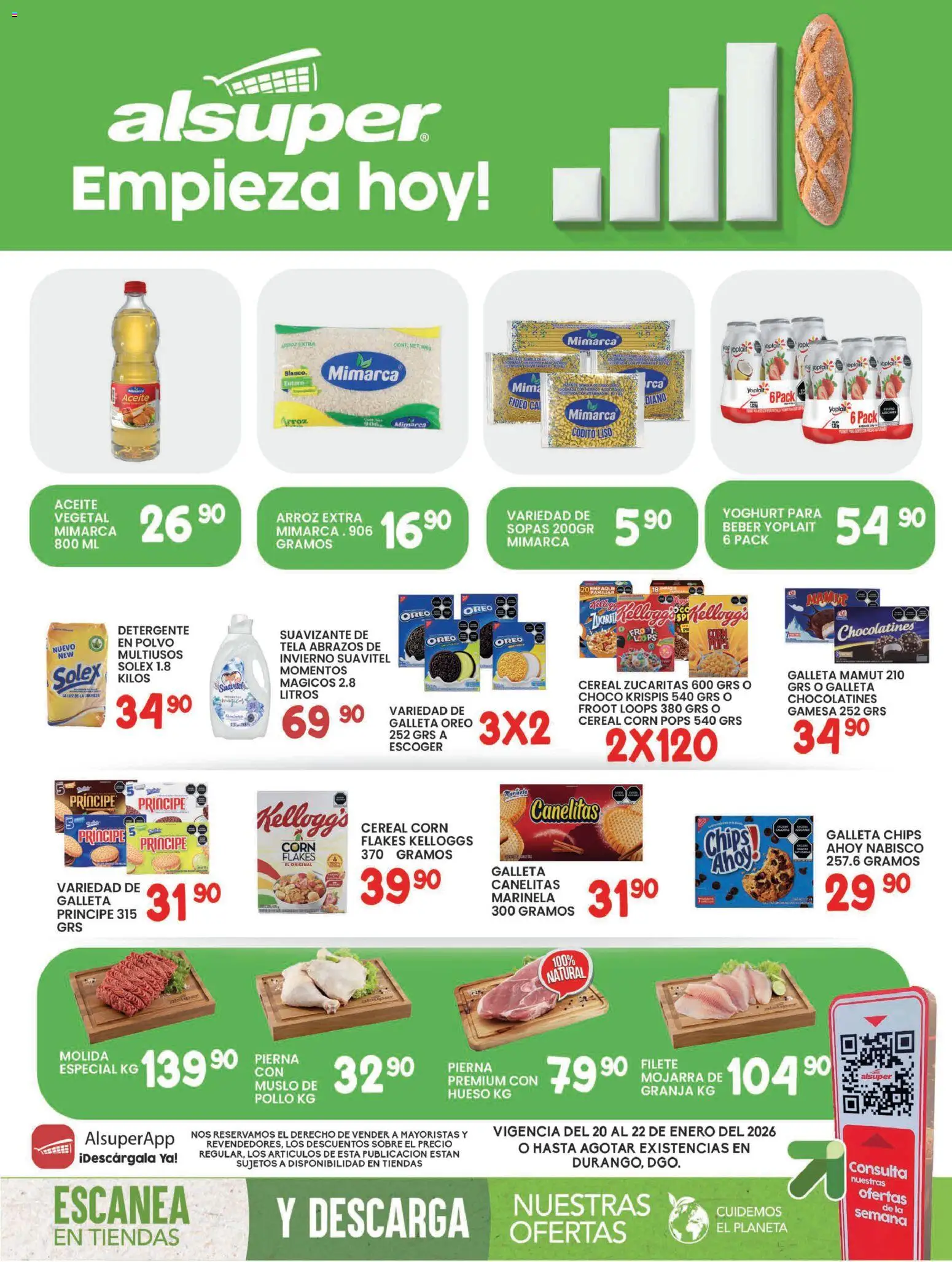 Nuevas ofertas de Alsuper válidas en toda la República Mexicana desde el 20.01.2026. ¡Encuentra las mejores ofertas en Alsuper folleto Durango! | Página: 1 | Productos: Pollo, Arroz, Botella, Sobre
