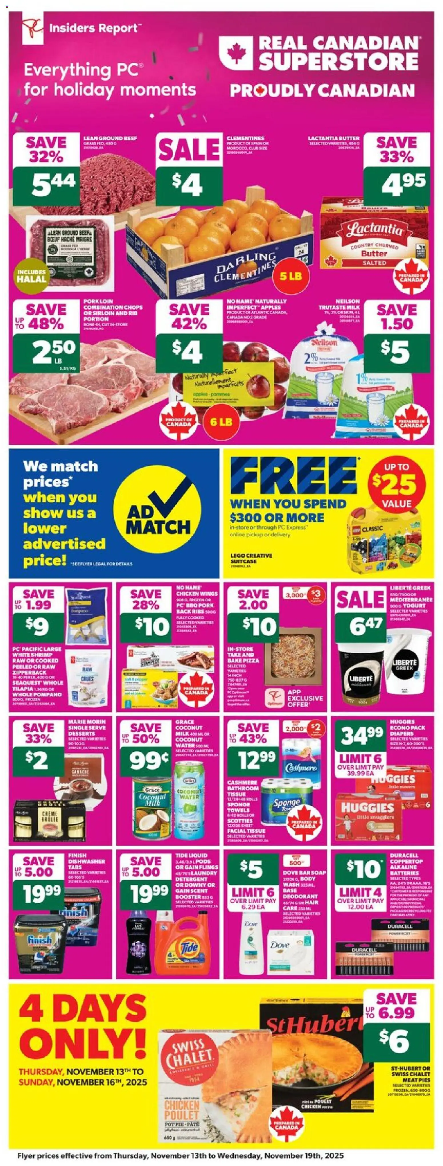 Real Canadian Superstore flyer valid from 13.11.2025 | Page: 3 | Products: Suitcase, Milk, Chicken, Pork