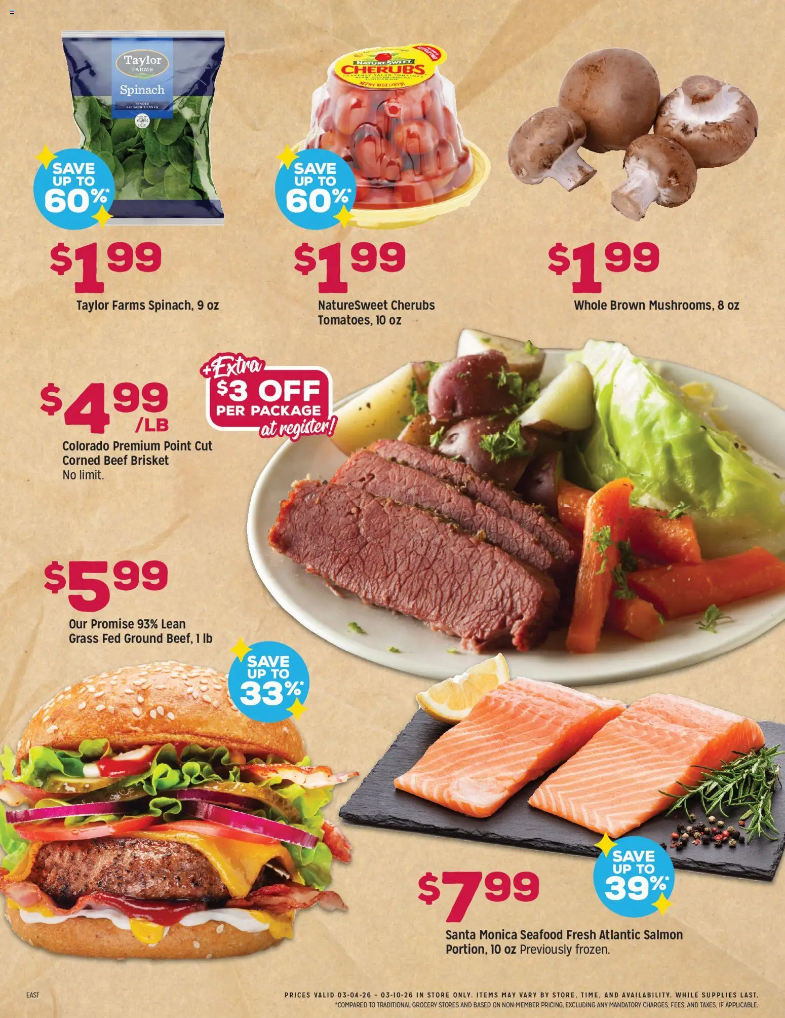 Grocery Outlet Weekly Ad - PA - valid from 04.03.2026 | Page: 4 | Products: Spinach, Beef, Seafood