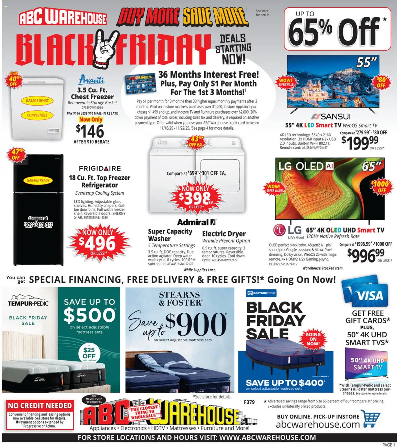 ABC Warehouse Black Friday - valid from 16.11.2025 | Page: 1 | Products: Mattress, Water, Tv, Washer