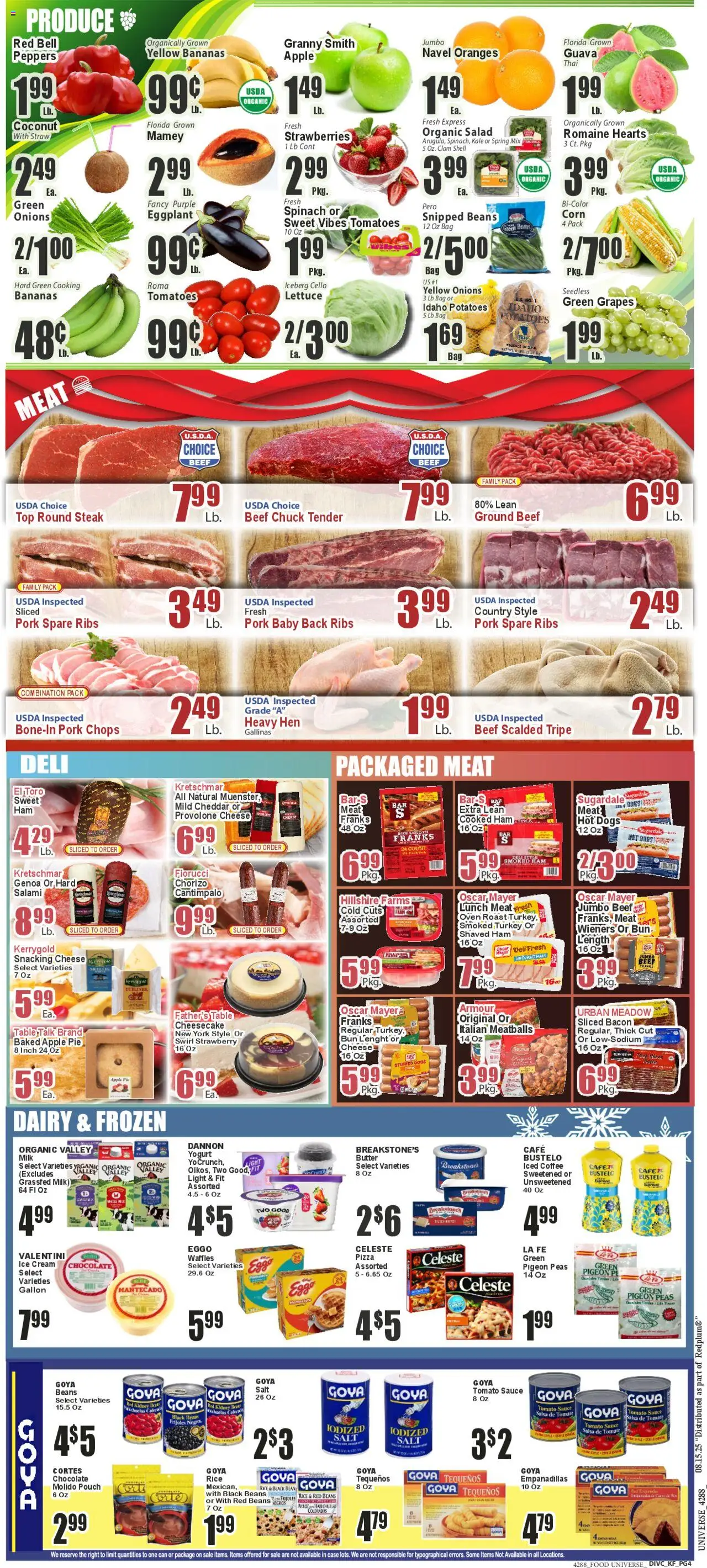 Food Universe Weekly Ad - valid from 15.08.2025 | Page: 4 | Products: Yogurt, Pizza, Hot Dogs, Bag