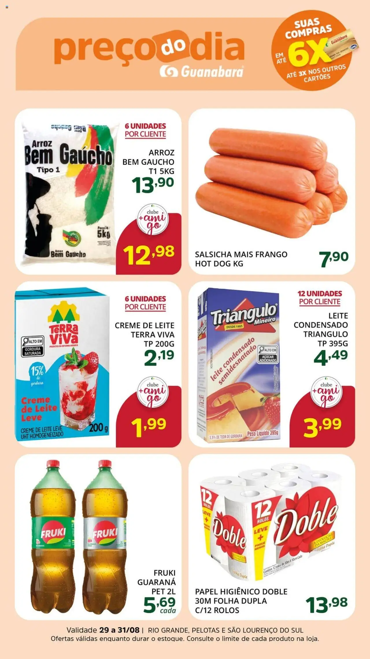 Supermercado Guanabara Folheto - válido de 29.08.2025 | Página: 2 | Produtos: Salsicha, Arroz, Açúcar, Creme de leite