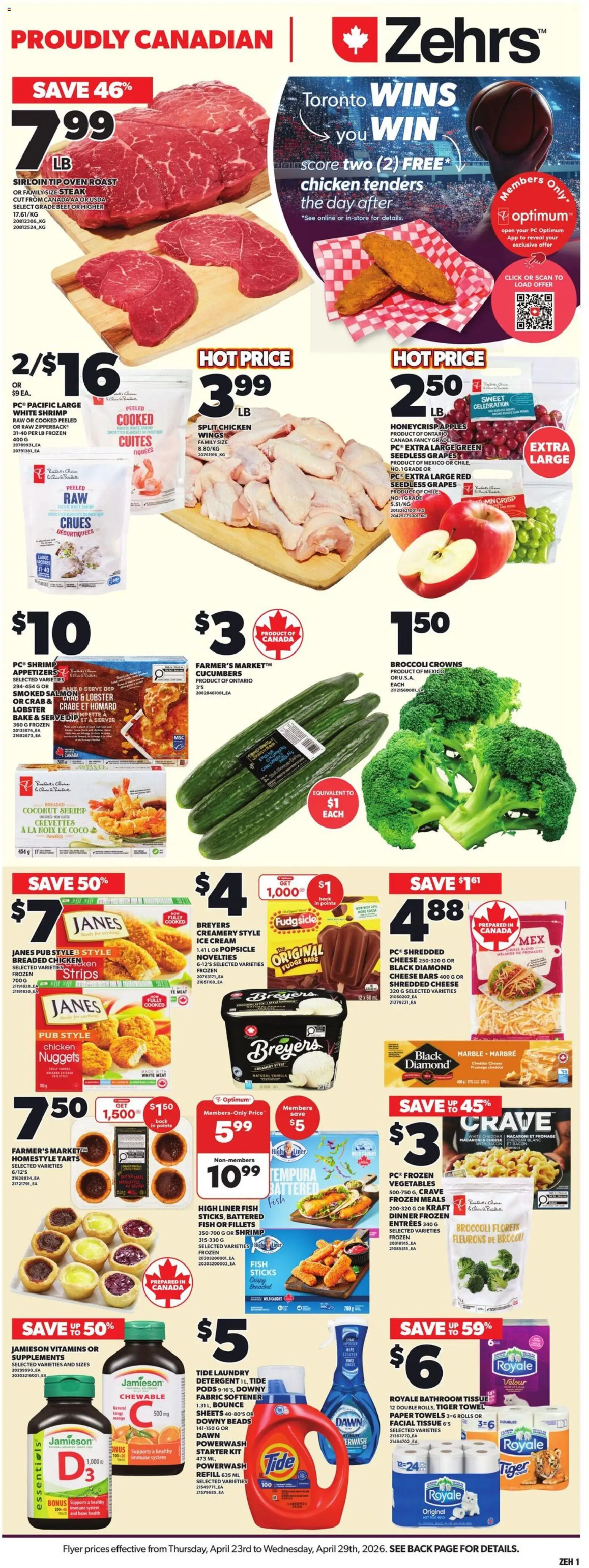 Zehrs flyer valid from 23.04.2026 | Page: 4 | Products: Fish, Cucumbers, Fabric softener, Cheese