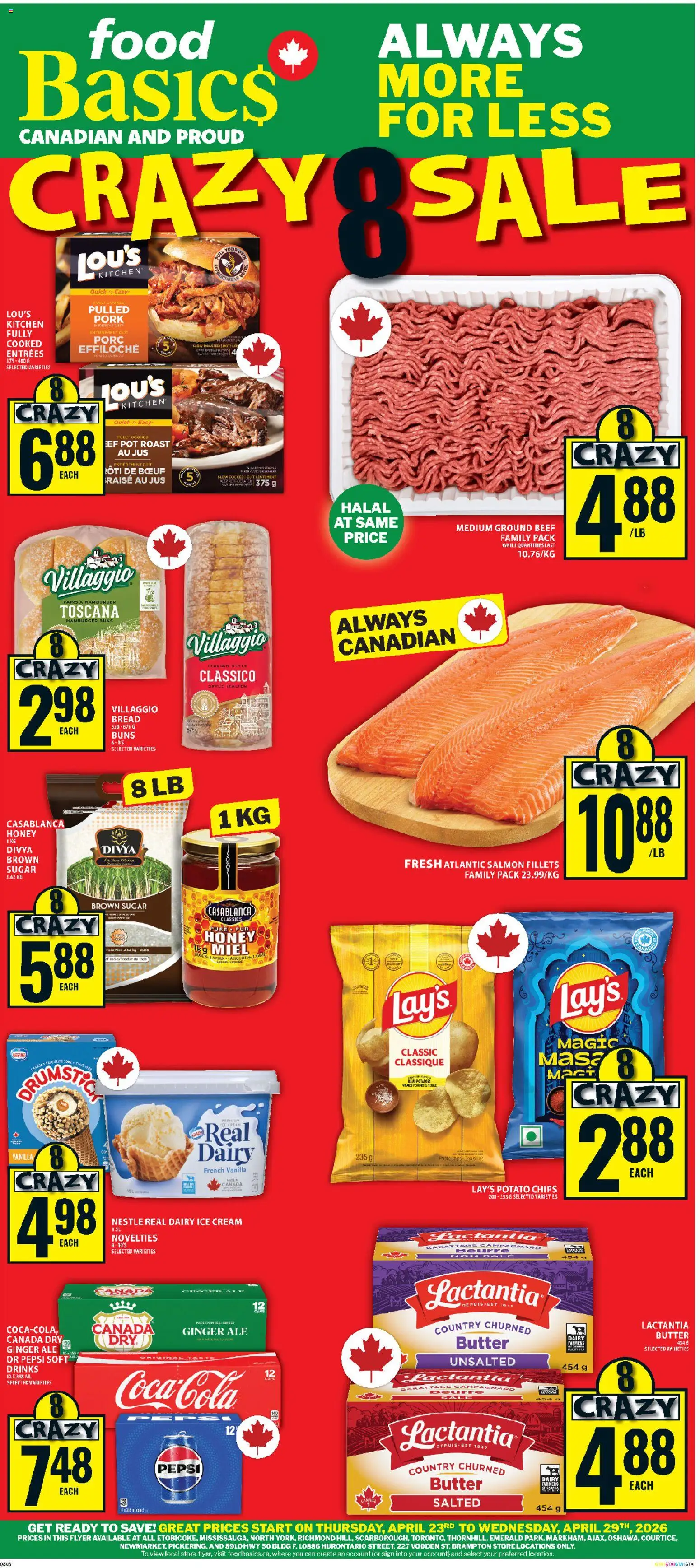 Food Basics flyer valid from 23.04.2026 | Page: 1 | Products: Beef, Ice cream, Bread, Pork