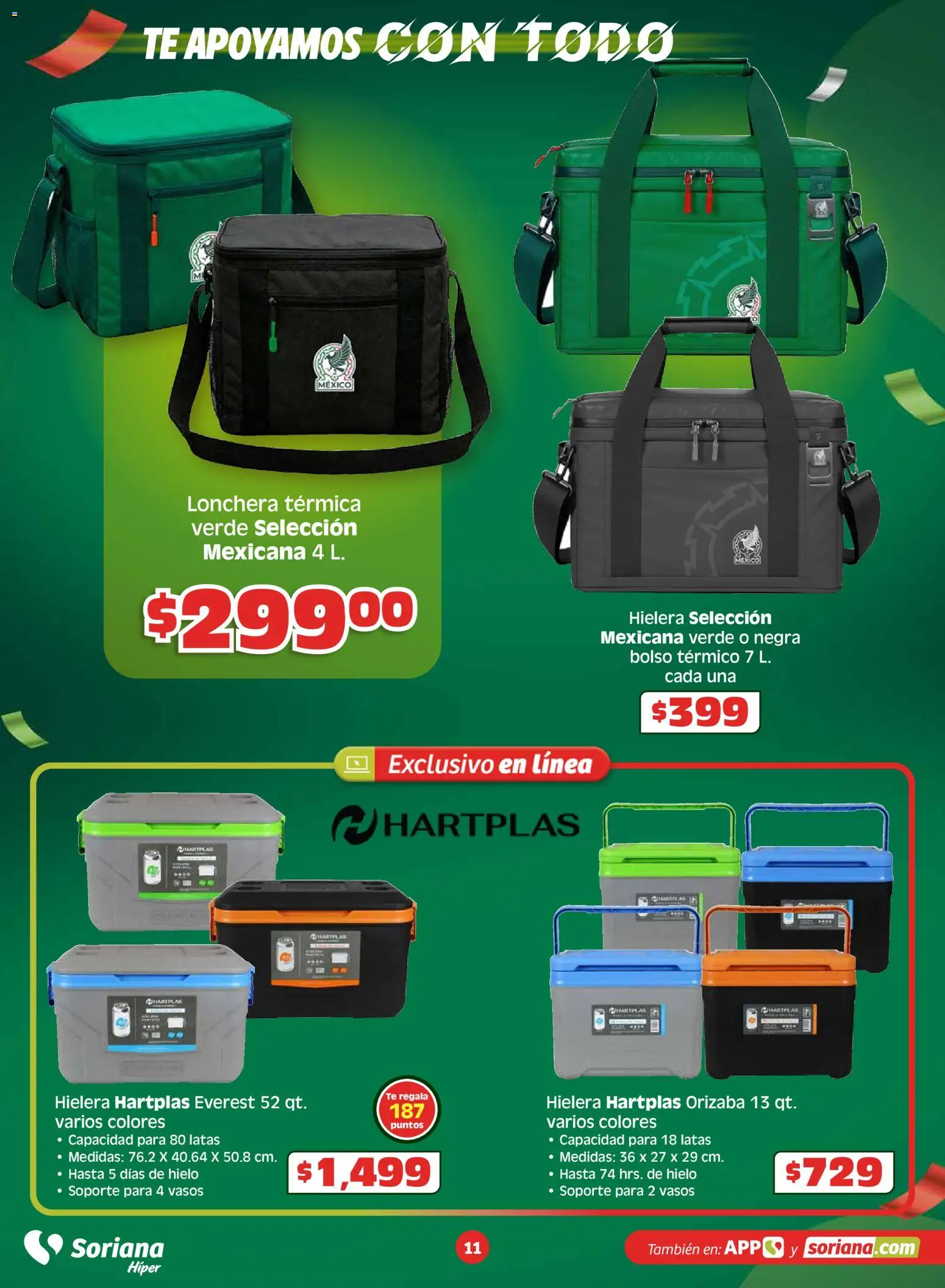 Nuevas ofertas de Soriana válidas en toda la República Mexicana desde el 26.03.2026. ¡Encuentra las mejores ofertas en Soriana En México apoyamos con todo Híper Nacional! | Página: 11 | Productos: Bolso, Hielera, Té, Vasos