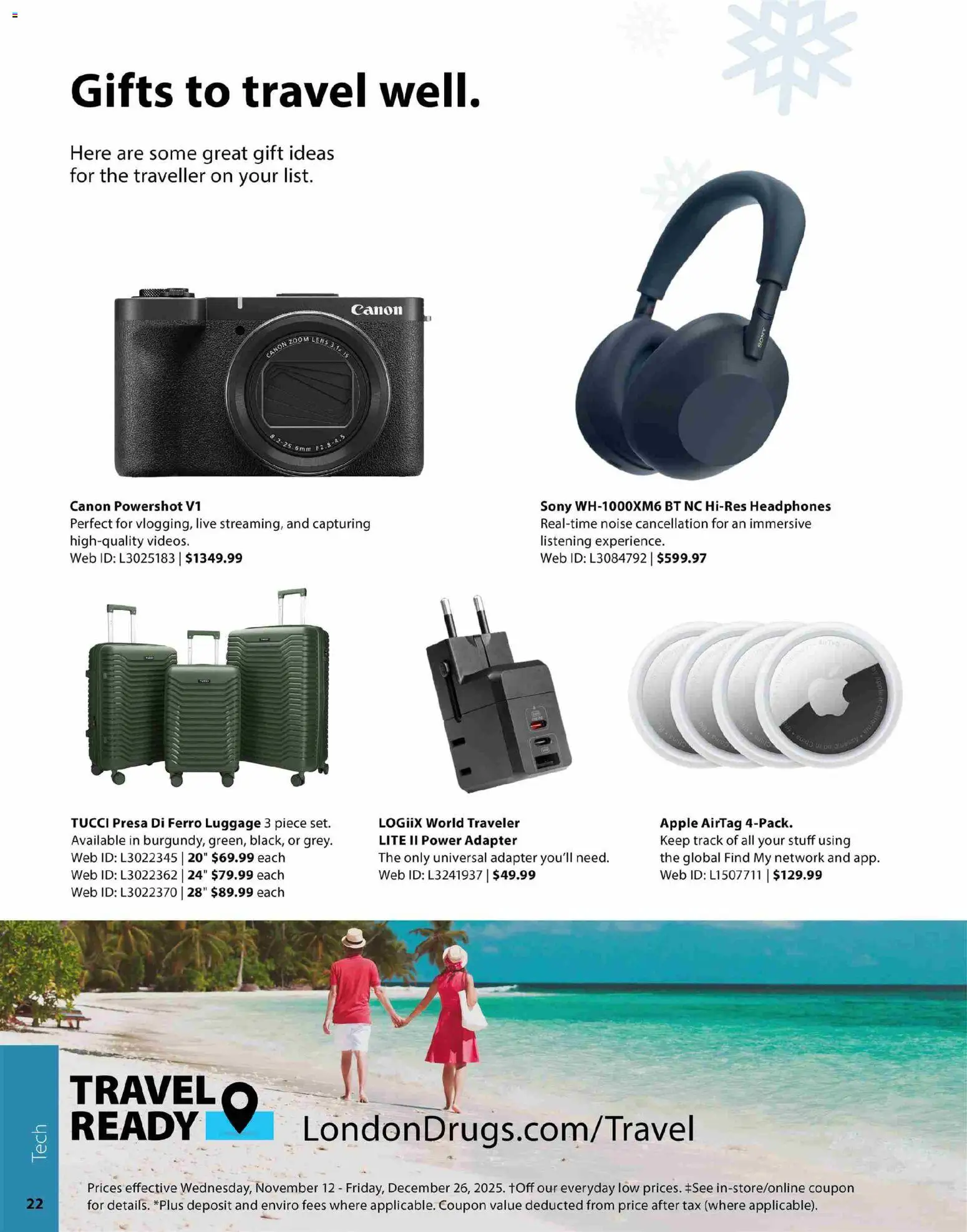 London Drugs flyer valid from 12.11.2025 | Page: 22 | Products: Luggage, Headphones, Adapter