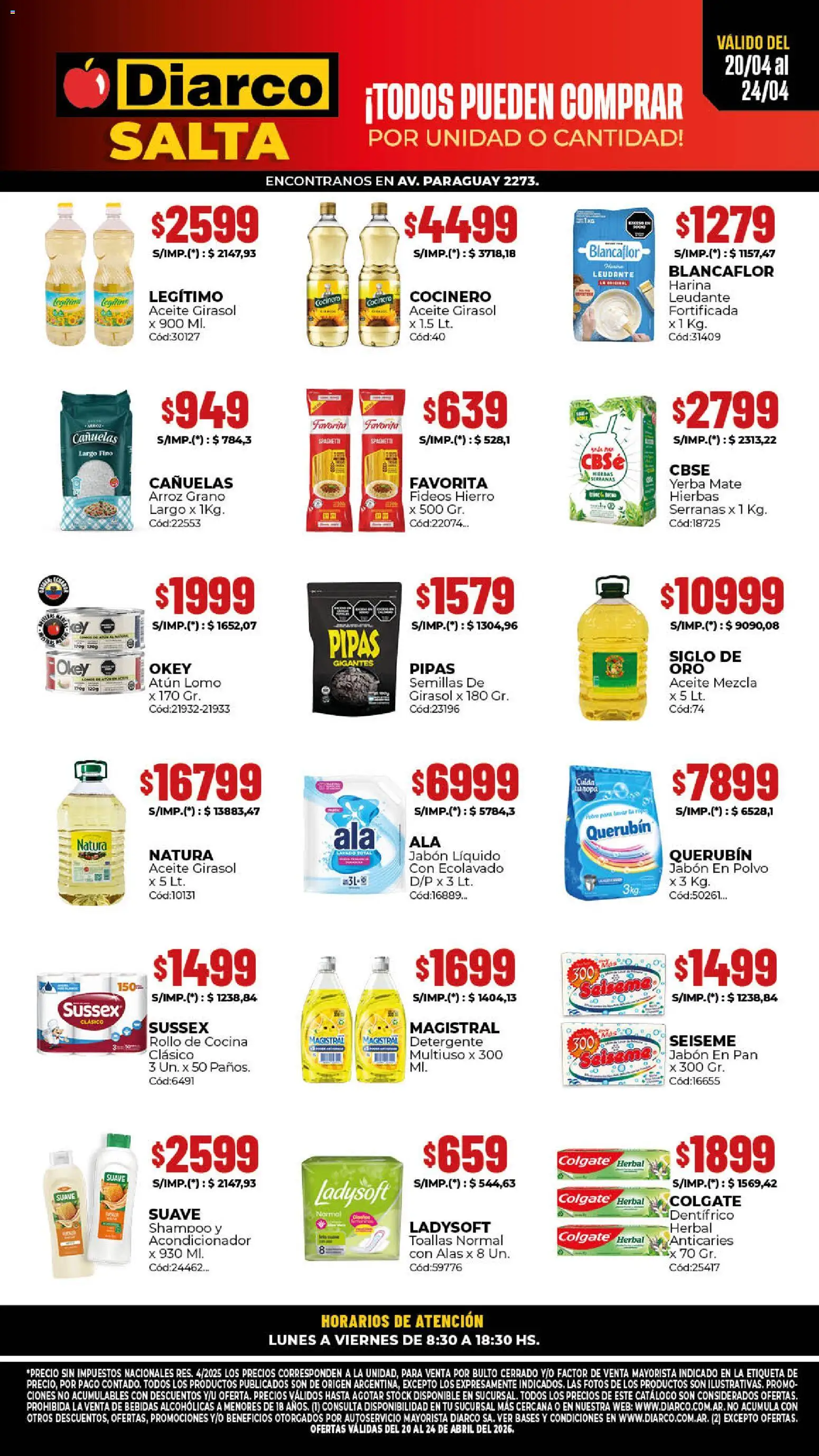 Diarco - Ofertas Salta │ válido desde el 20.04.2026 | Página: 1 | Productos: Harina, Aceite, Acondicionador, Fideos