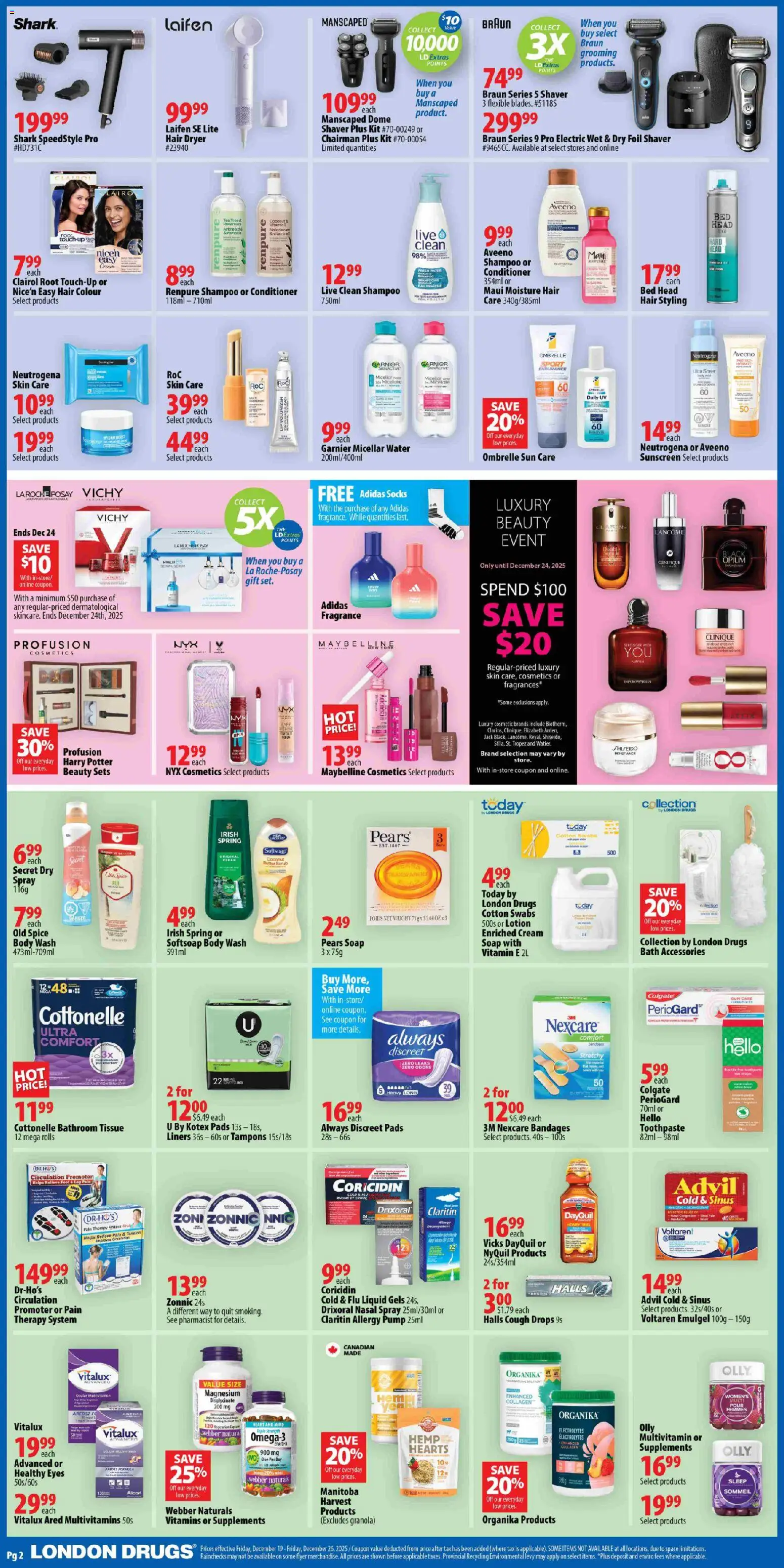 London Drugs flyer valid from 19.12.2025 | Page: 2 | Products: Dryer, Hair dryer, Body wash, Bath