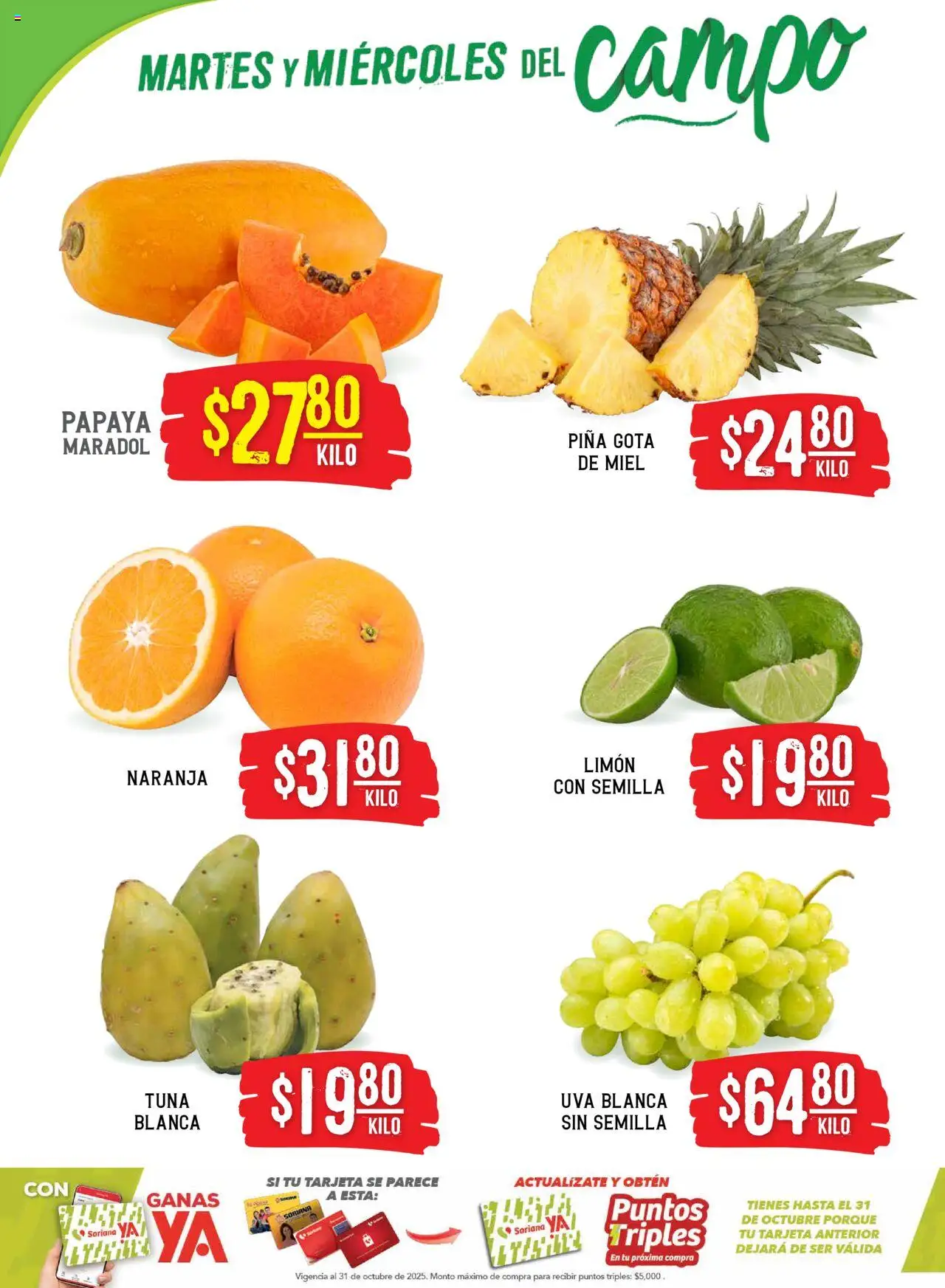 Nuevas ofertas de Soriana válidas en toda la República Mexicana desde el 16.09.2025. ¡Encuentra las mejores ofertas en Soriana - Martes y Miércoles del Campo Híper: Chih, Delicias, Dur y Coah (excepto Saltillo)! | Página: 2 | Productos: Limón, Uva, Piña