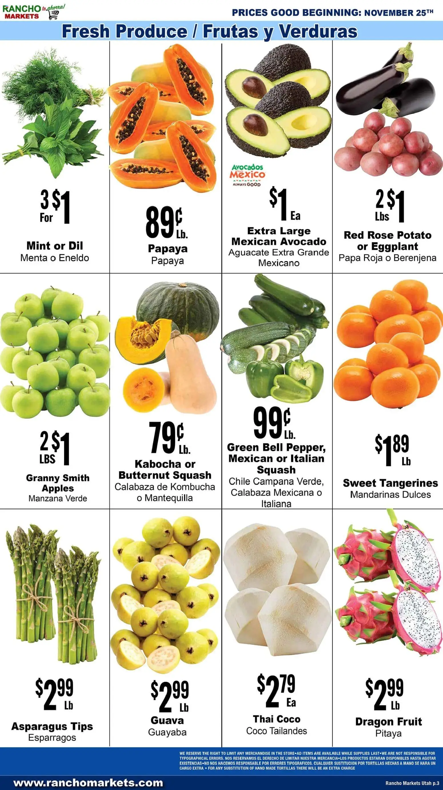 Rancho Markets Weekly Ad - valid from 25.11.2025 | Page: 3 | Products: Asparagus, Squash, Avocado, Eggplant