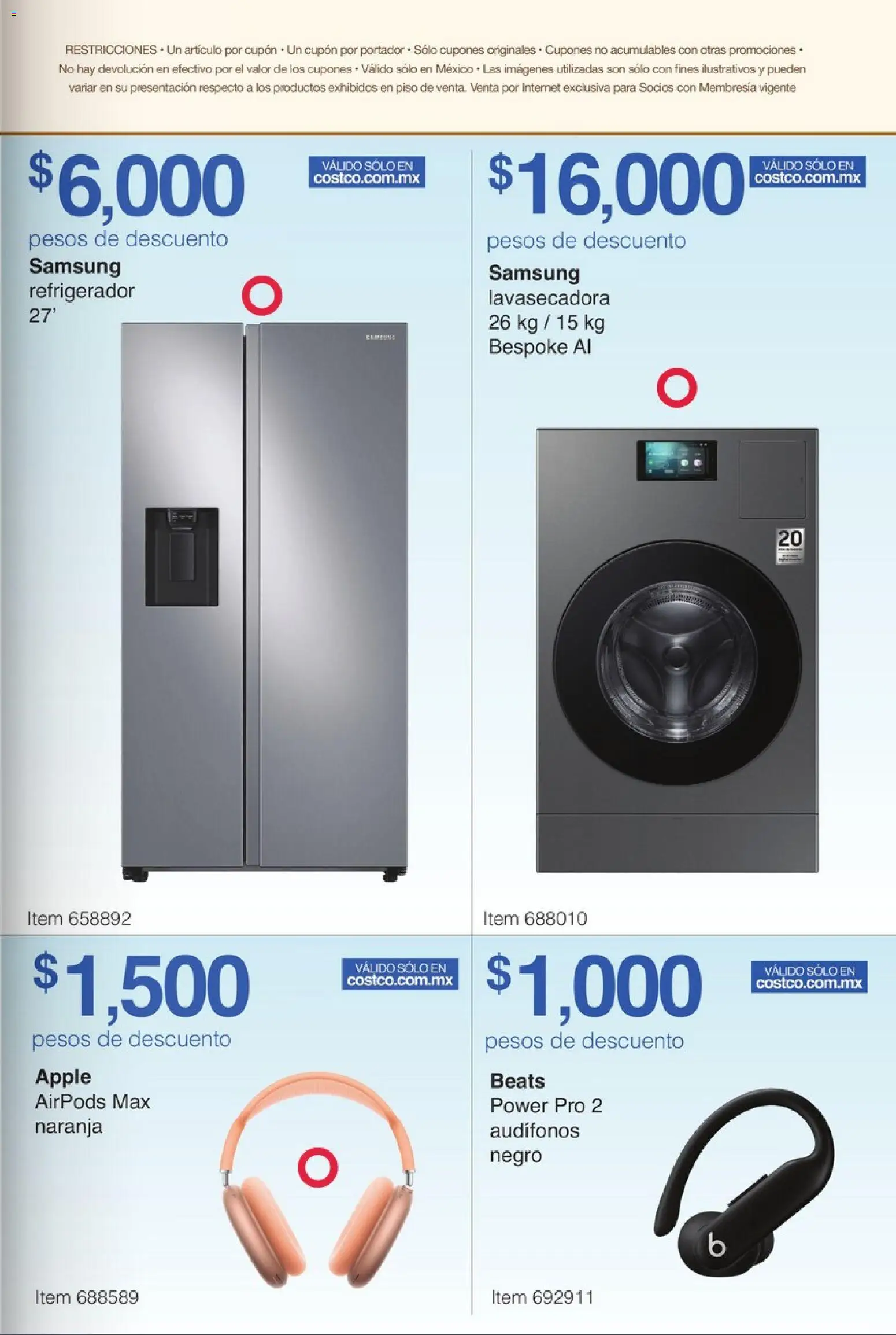 Nuevas ofertas de Costco válidas en toda la República Mexicana desde el 03.11.2025. ¡Encuentra las mejores ofertas en Costco catálogo Descuentos de Otoño! | Página: 19 | Productos: Refrigerador, Audífonos