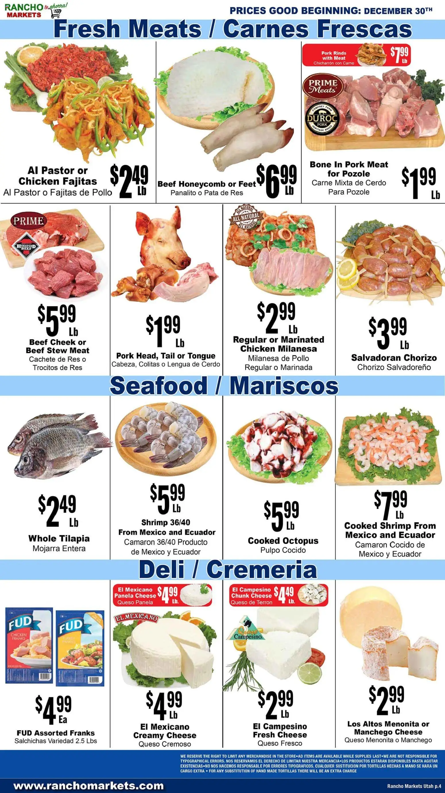 Rancho Markets Weekly Ad - valid from 30.12.2025 | Page: 4 | Products: Cheese, Pork, Beef, Seafood