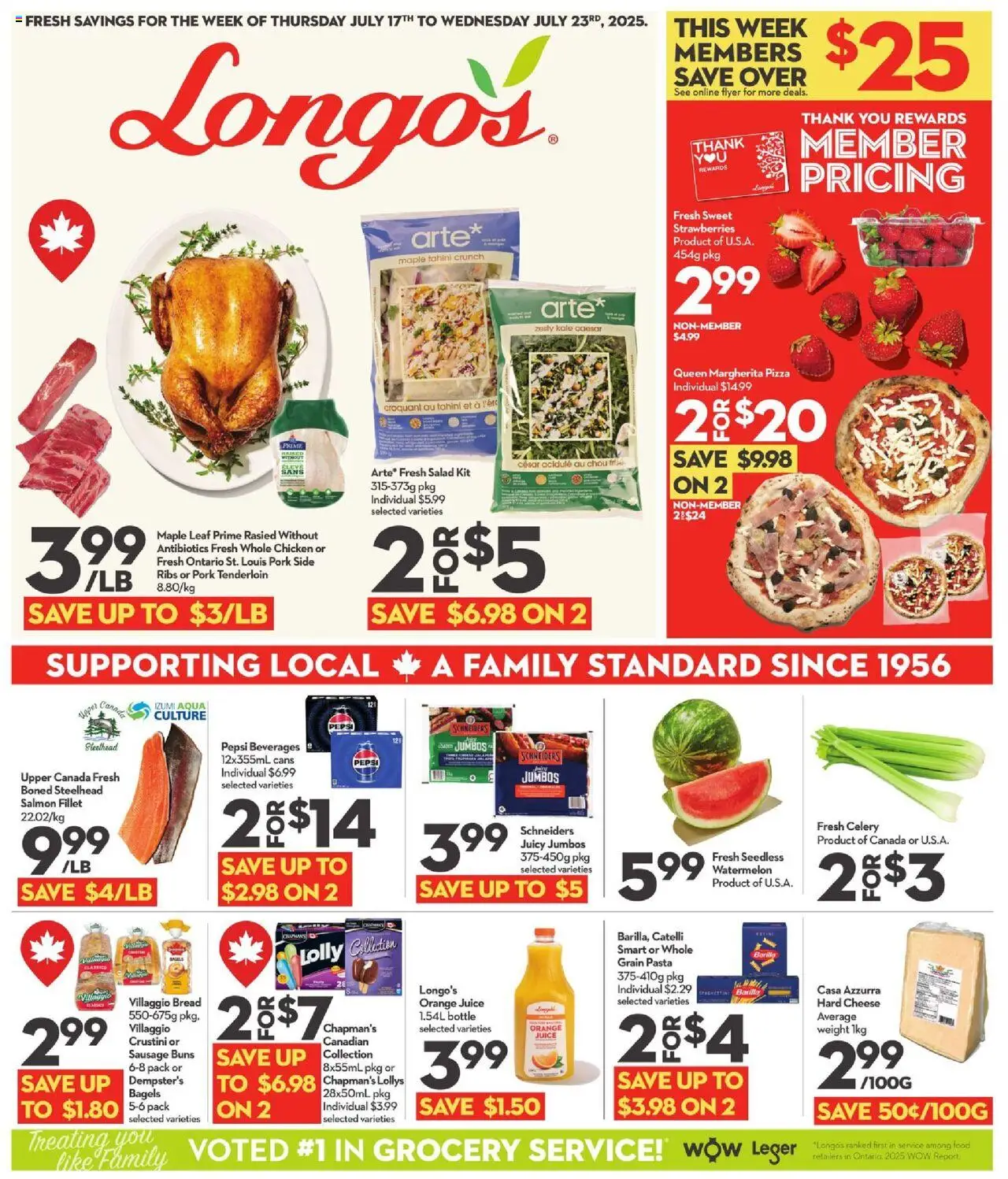 Longo's flyer valid from 17.07.2025 | Page: 1 | Products: Pasta, Cheese, Bread, Pork