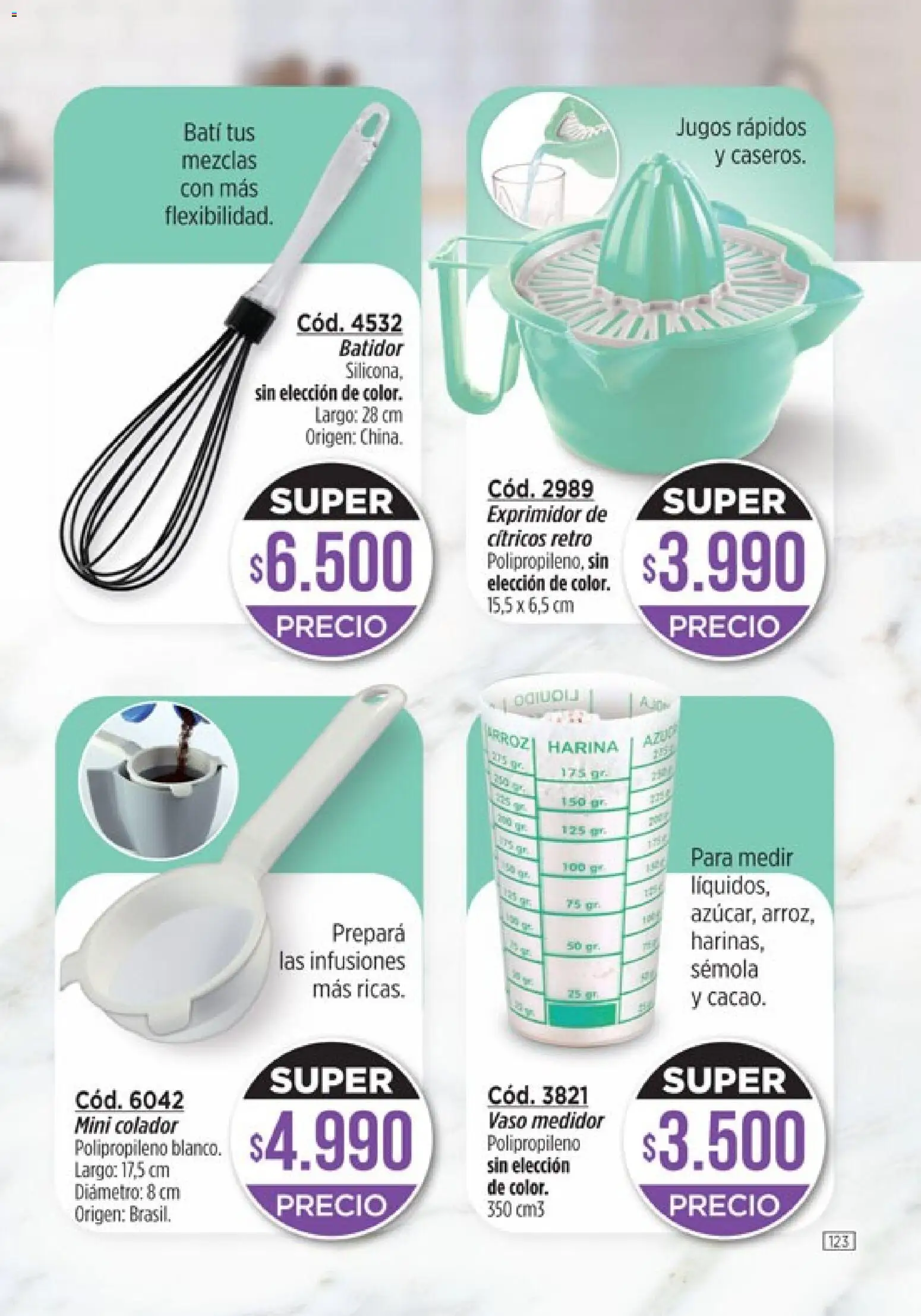 Catálogo Amodil Campaña 1/2026 │ válido desde el 01.01.2026 | Página: 123 | Productos: Exprimidor, Harina, Colador, Batidor