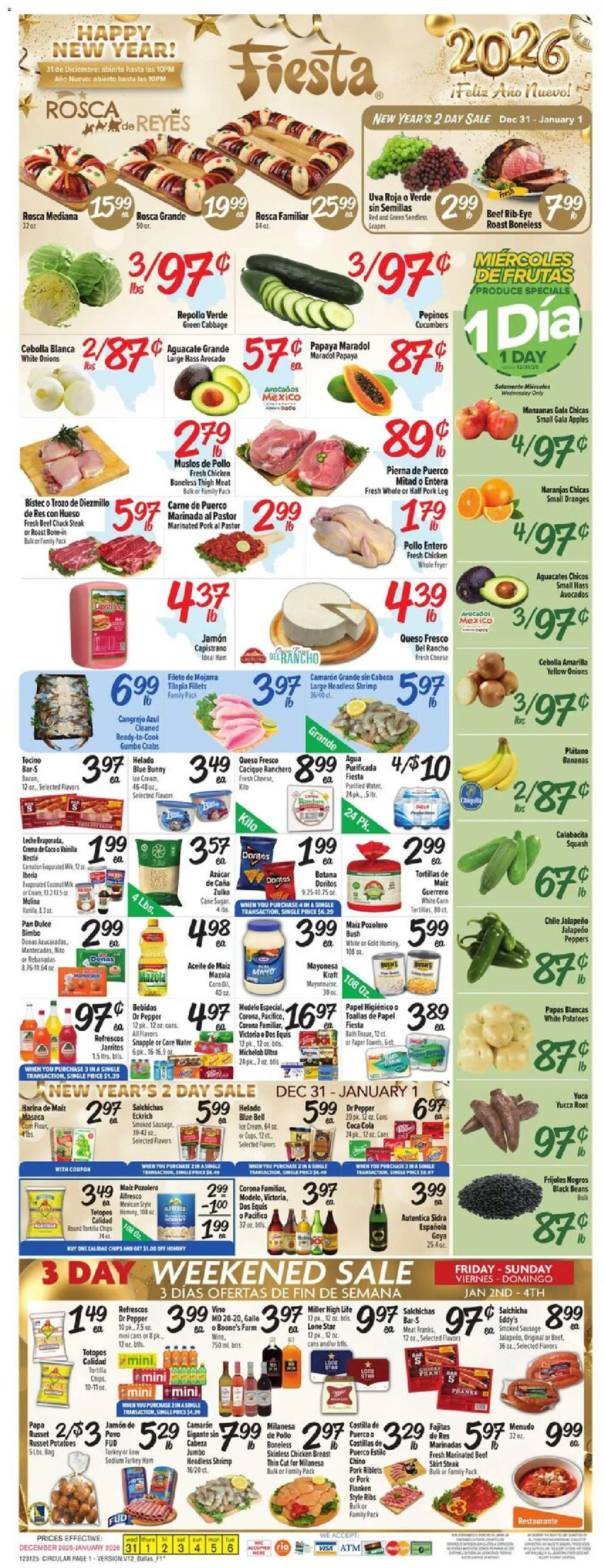 Fiesta Mart Weekly Ad - valid from 31.12.2025 | Page: 1 | Products: Fryer, Bath, Oranges, Beef