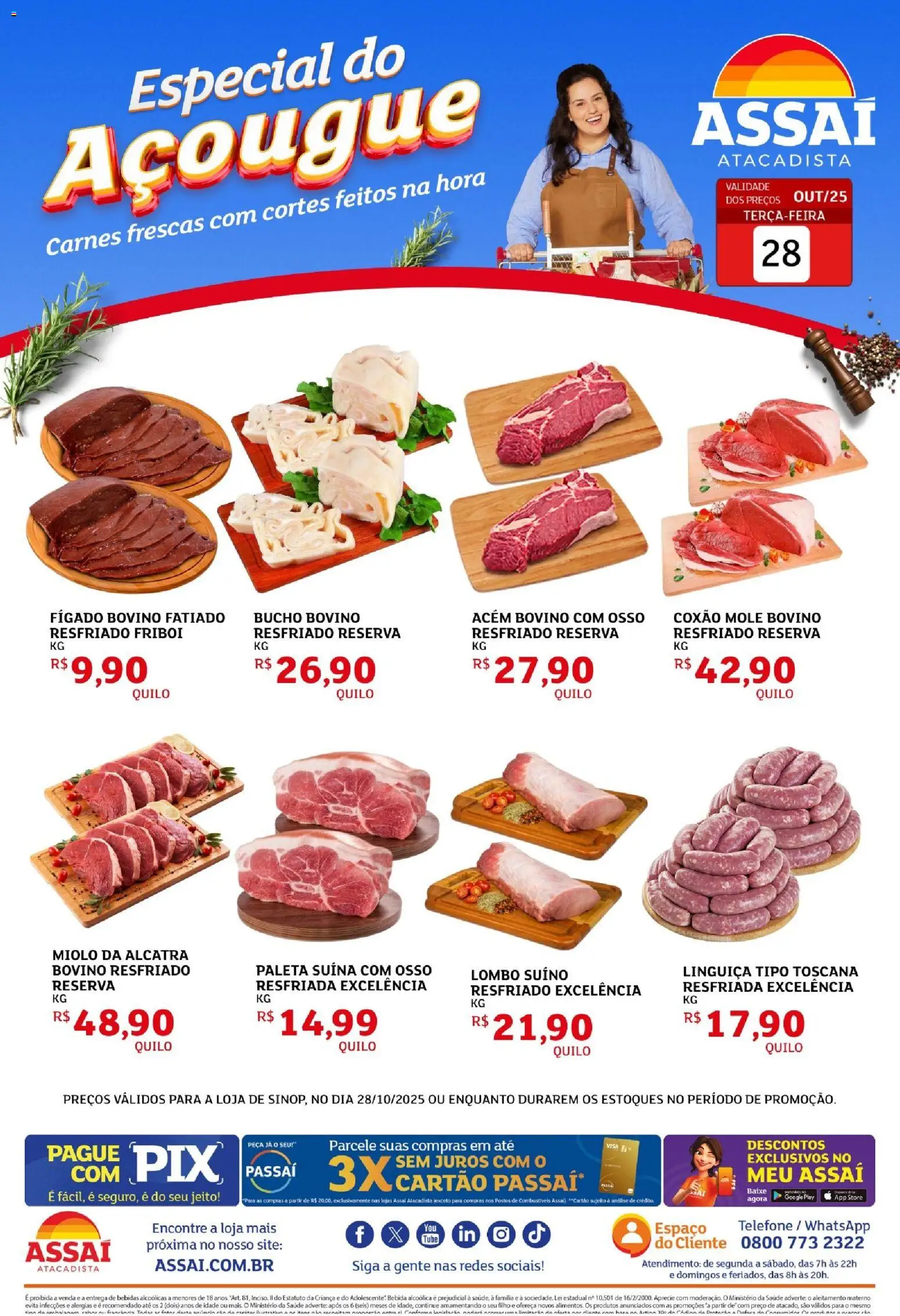 Assaí Atacadista Folheto - válido de 28.10.2025 | Página: 1 | Produtos: Linguiça, Acém, Lombo, Telefone