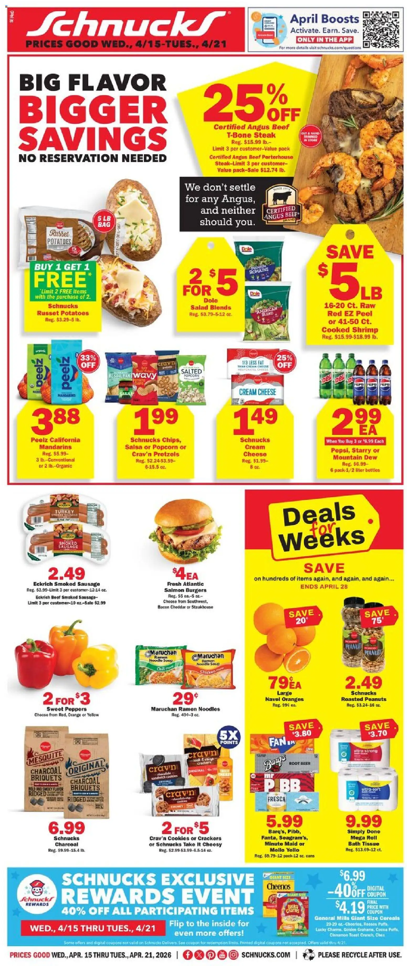 Schnucks Weekly Print Ad - IN - valid from 15.04.2026 | Page: 1 | Products: Romaine, Bath, Beer, Oranges