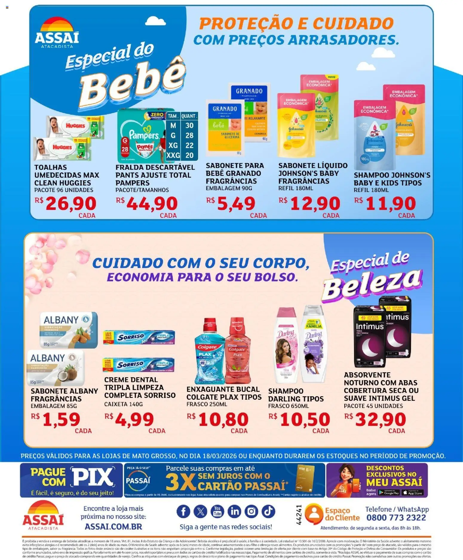 Assaí Atacadista Folheto - válido de 18.03.2026 | Página: 2 | Produtos: Sabonete, Bebida, Creme dental, Absorvente