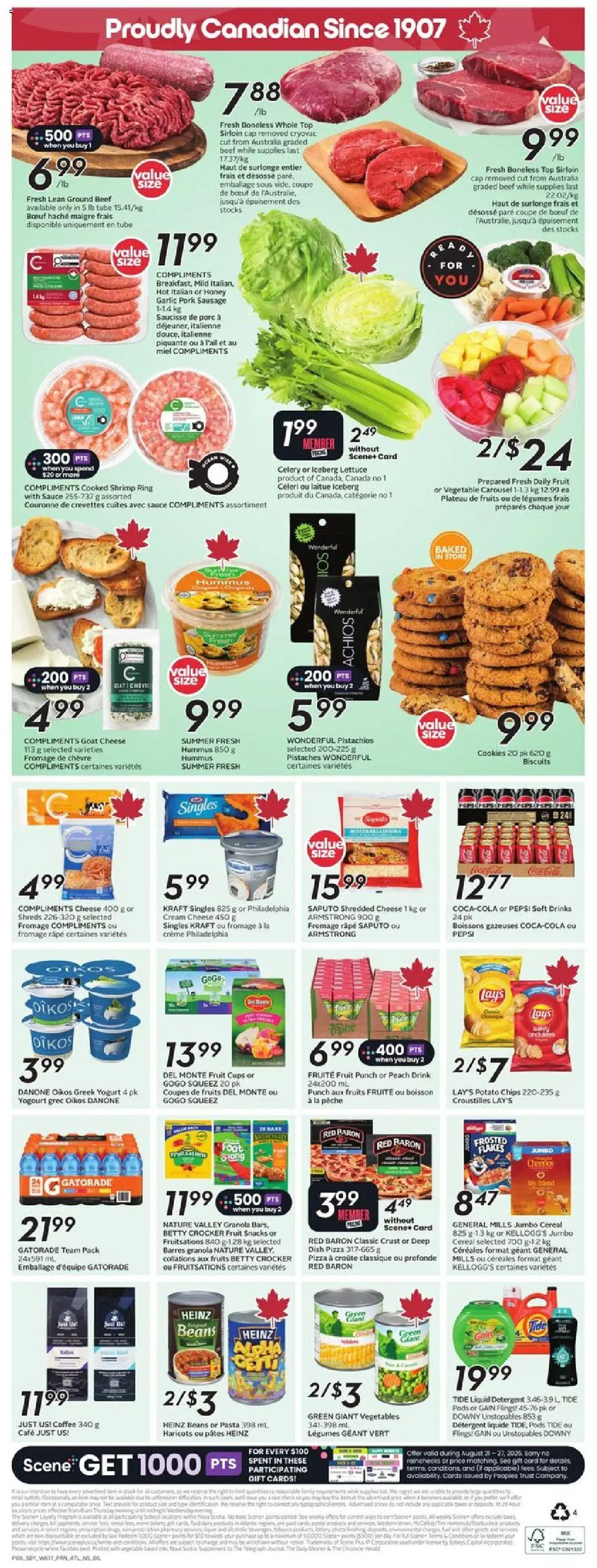 Sobeys flyer valid from 21.08.2025 | Page: 4 | Products: Hat, Cookies, Coffee, Pizza
