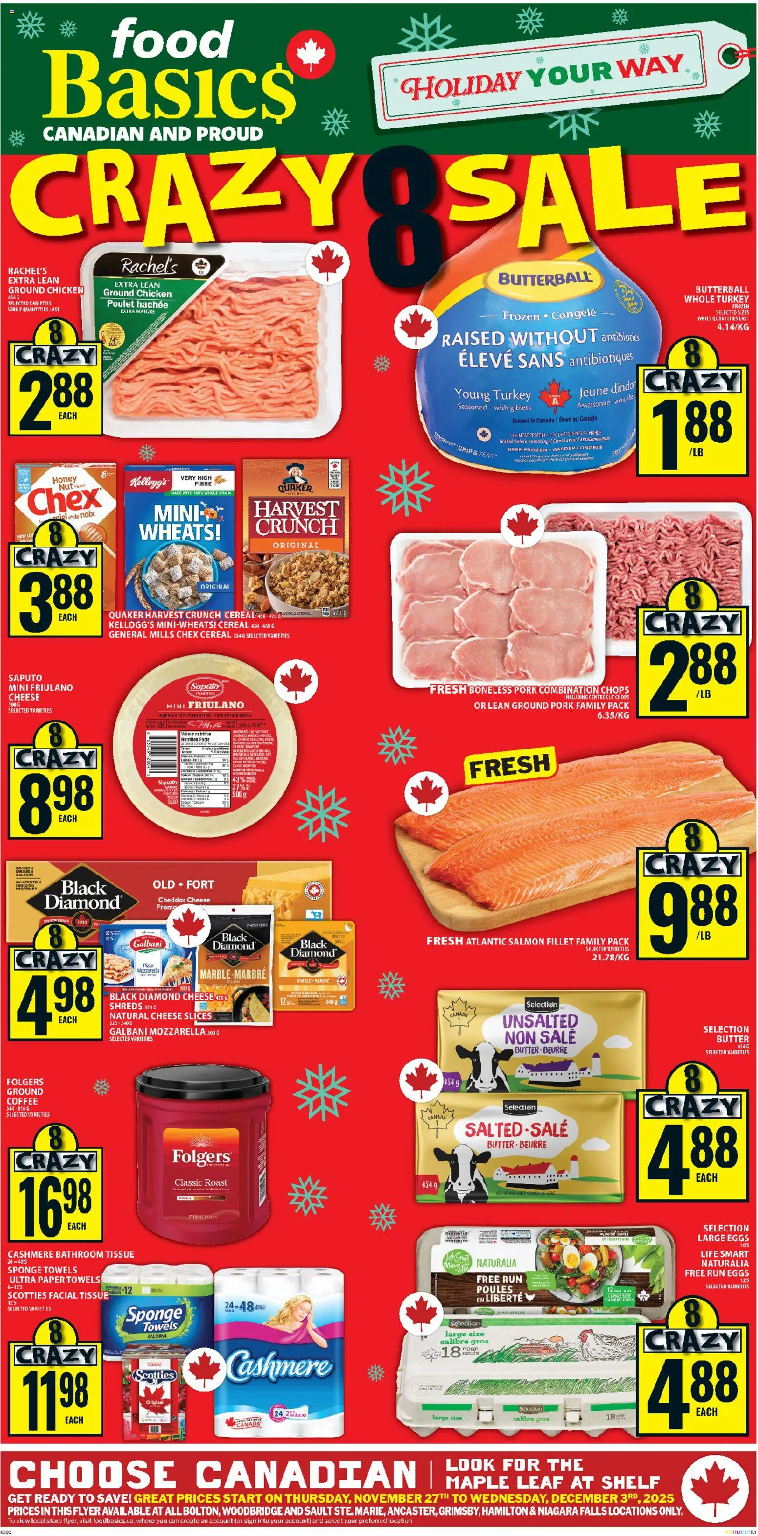 Food Basics flyer valid from 27.11.2025 | Page: 1 | Products: Sponge, Shelf, Cheese, Chicken