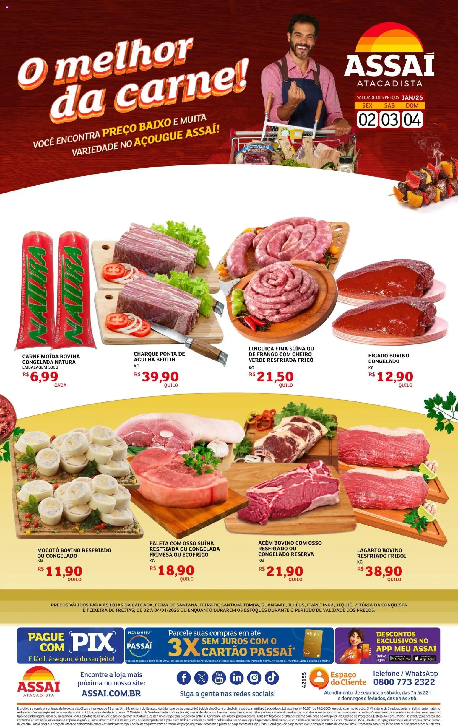 Assaí Atacadista Folheto - válido de 02.01.2026 | Página: 1 | Produtos: Linguiça, Pneus, Carne, Telefone