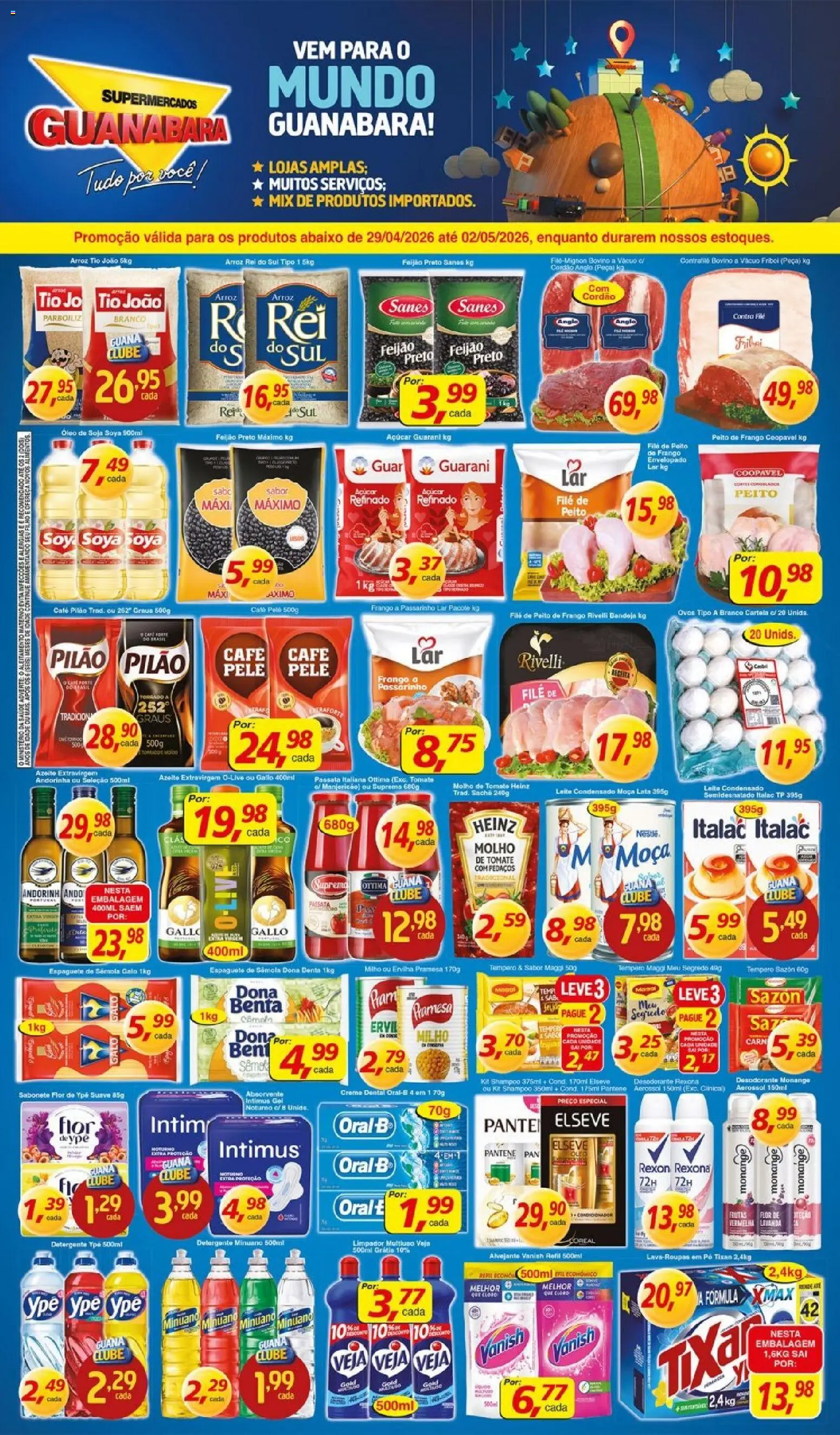 Supermercados Guanabara Folheto - válido de 29.04.2026 | Página: 1 | Produtos: Feijão, Leite, Sabonete, Peito de frango
