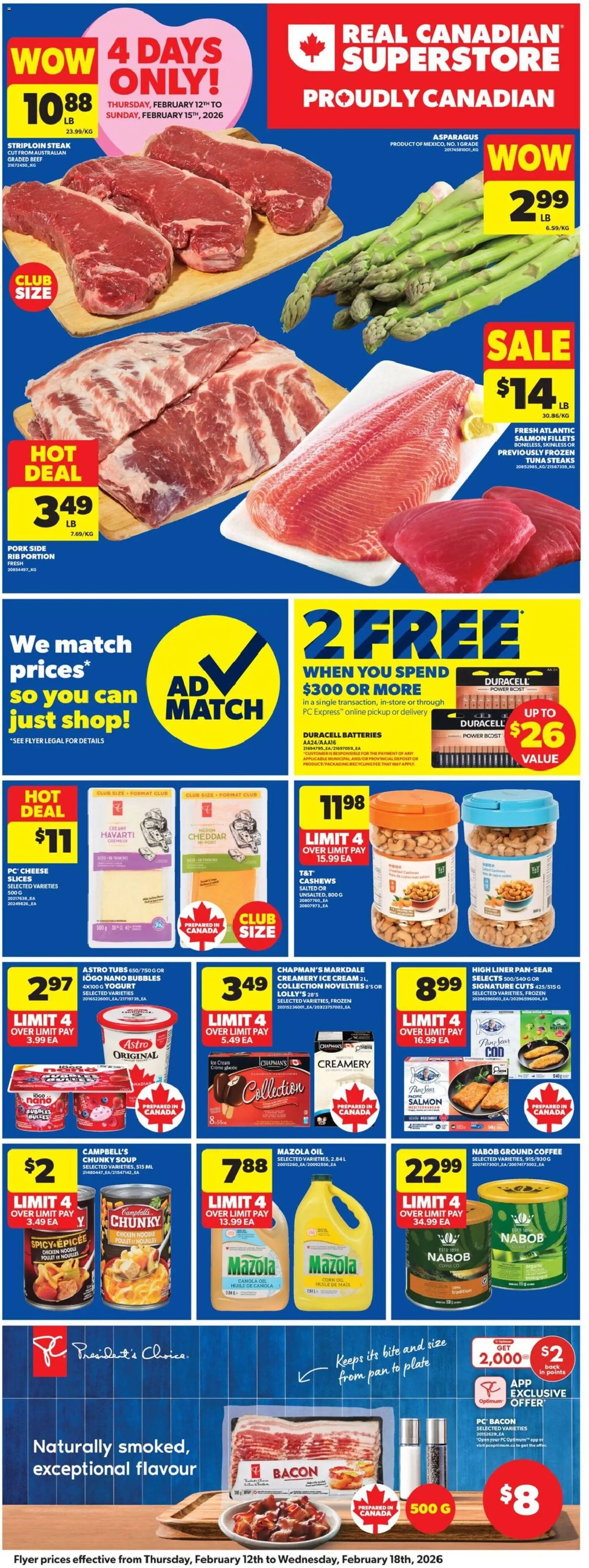 Real Canadian Superstore flyer valid from 12.02.2026 | Page: 4 | Products: Ice cream, PC, Cheese, Pork